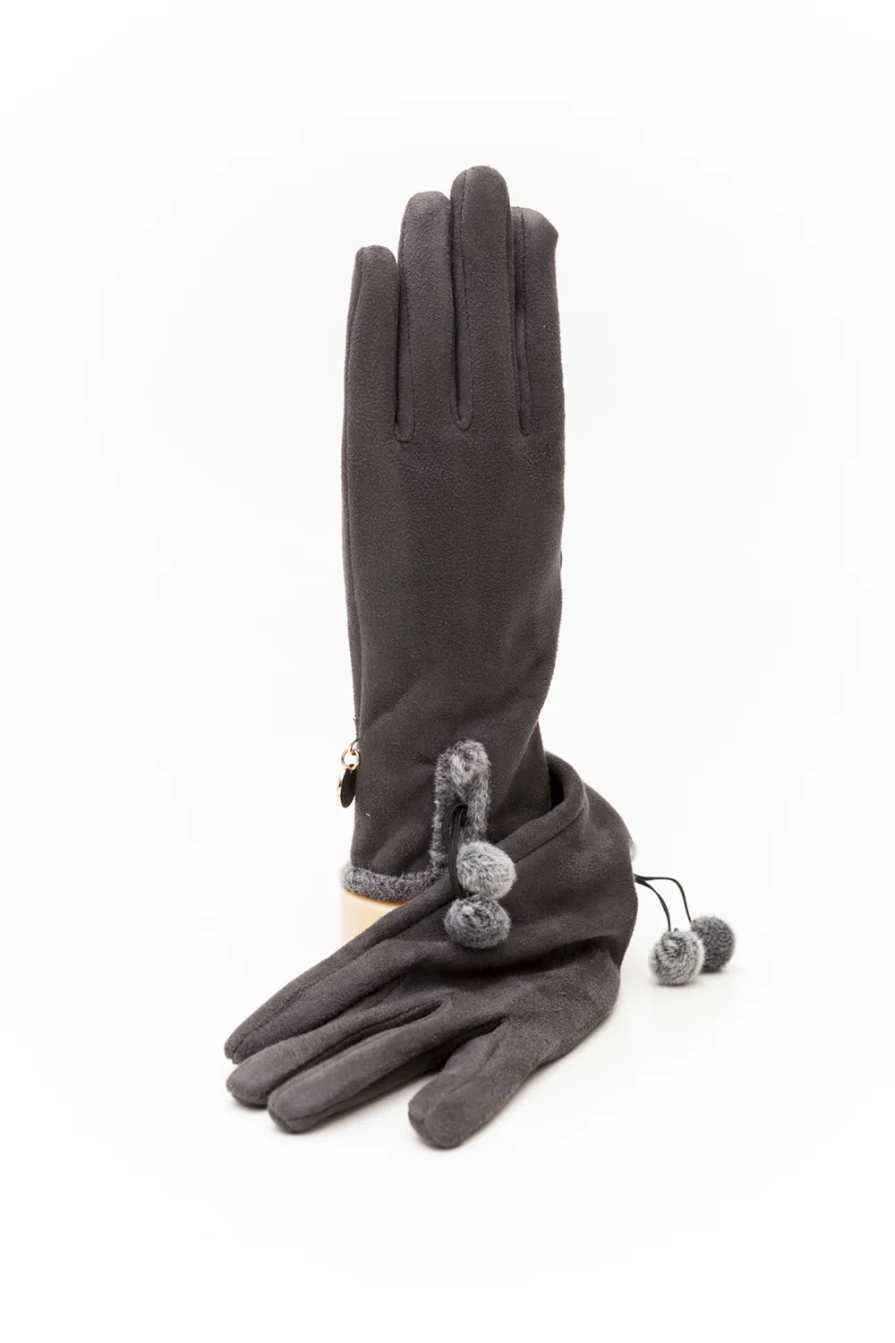 Γάντι γυναικείο με γούνινο φινίρισμα και φουντάκια.