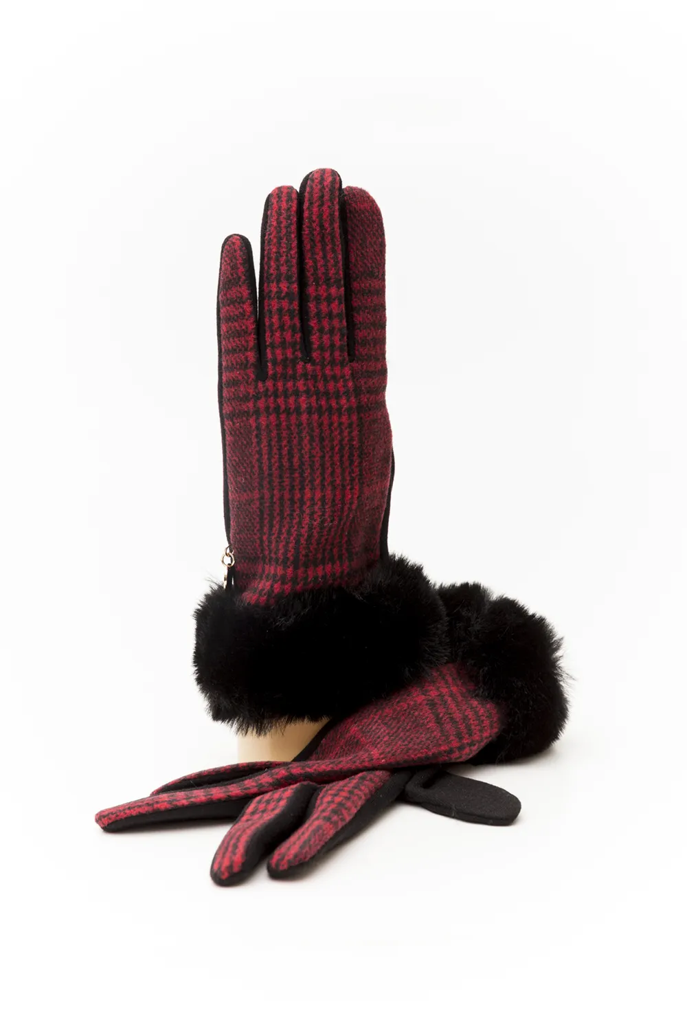 Καρό γυναικείο γάντι με συνθετική γούνα Καρό γυναικείο γάντι με συνθετική γούνα