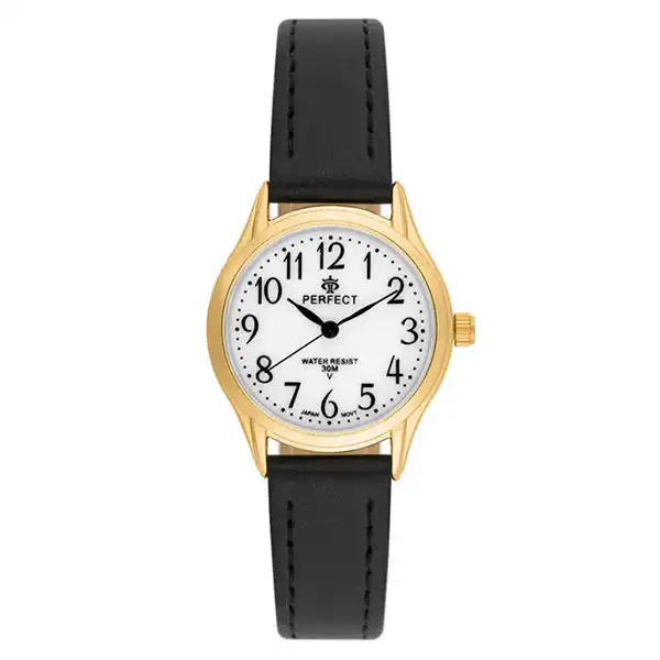 Perfect γυναικείο ρολόι με δερμάτινο λουρί LX011-11 Μαύρο Χρυσό