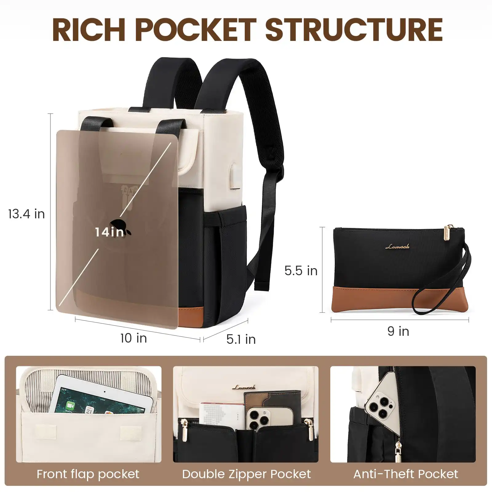 Γυναικείο Σετ Σακίδιο Φορητού Υπολογιστή τσάντα χειρός Lovevook 14'' MB2031 beige/black/brown
