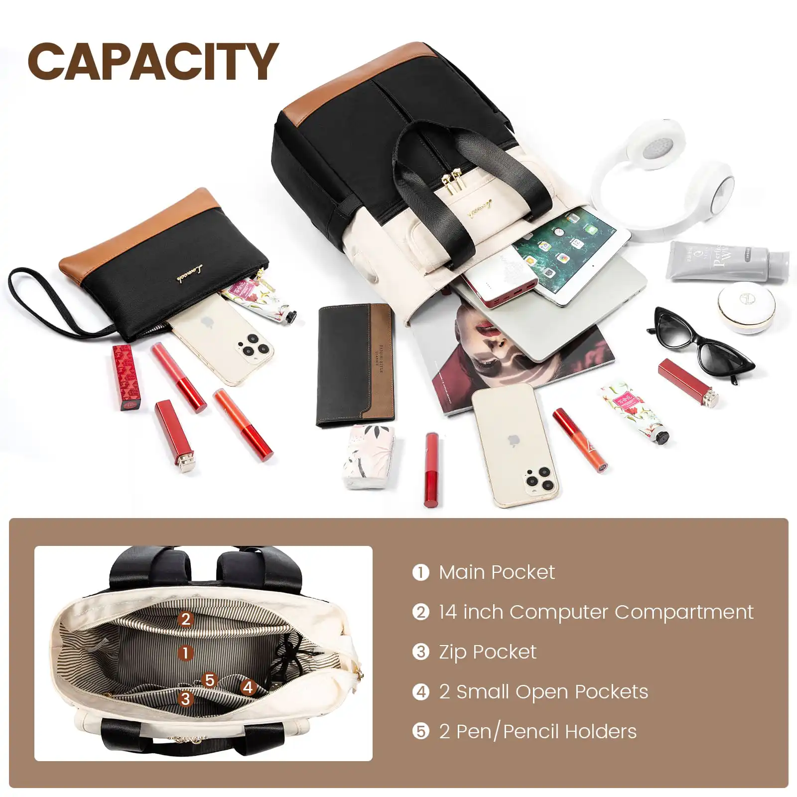 Γυναικείο Σετ Σακίδιο Φορητού Υπολογιστή τσάντα χειρός Lovevook 14'' MB2031 beige/black/brown