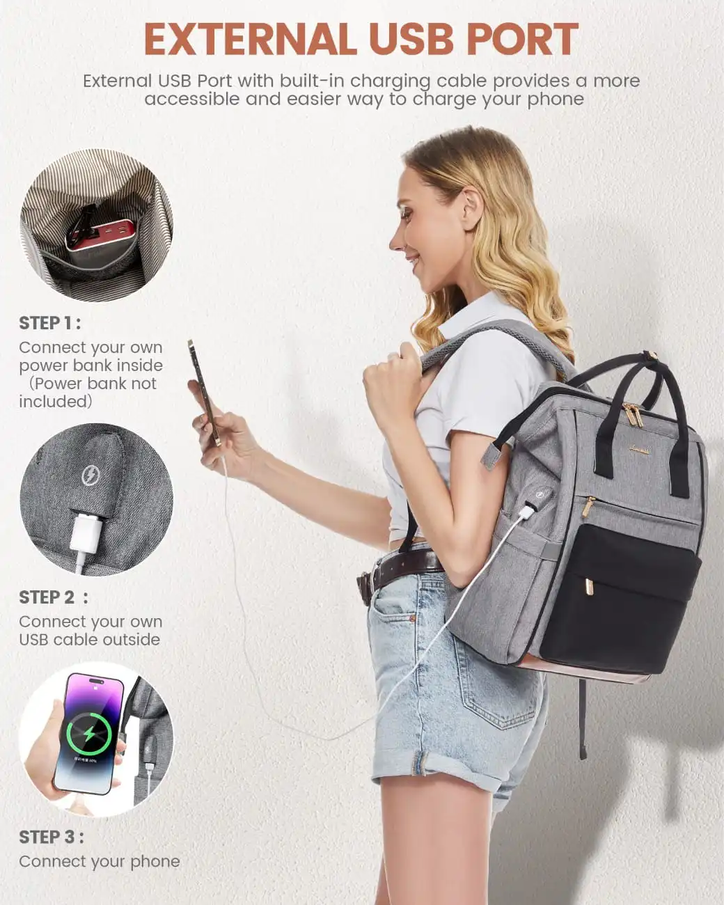 Γυναικείο Σακίδιο με USB Lovevook 15,6” MB2146 gray/black