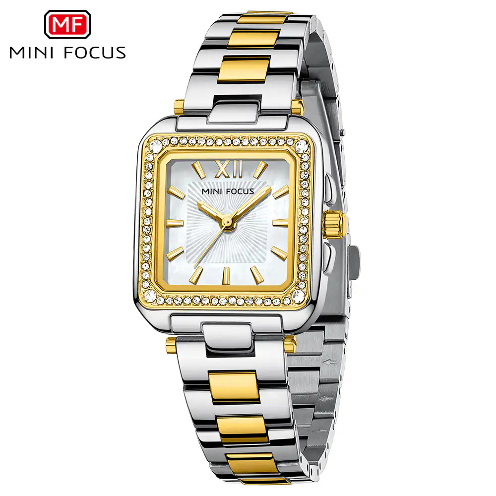 Γυναικείο τετράγωνο Μεταλλικό ρολόι με πέτρες Mini Focus MF0619L-4