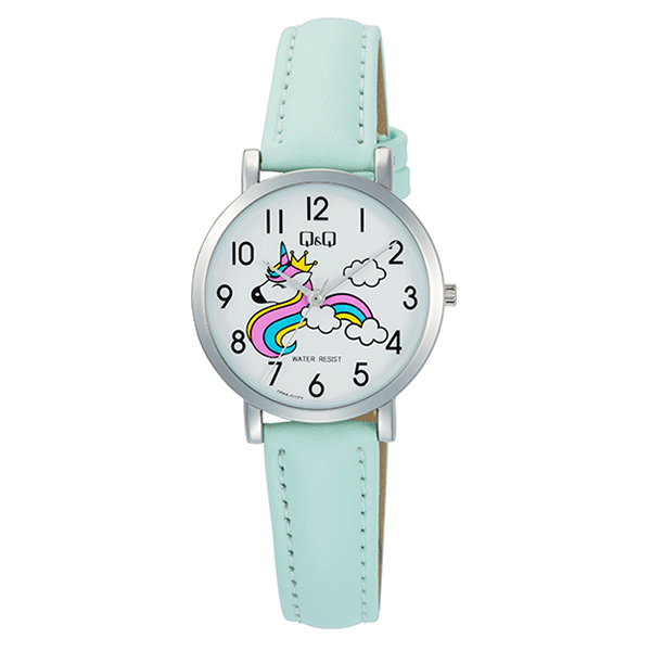 Q&Q Παιδικό ρολόι με τιρκουάζ δερμάτινο λουράκι και καντράν με όμορφα σχέδια Q58A-011PY