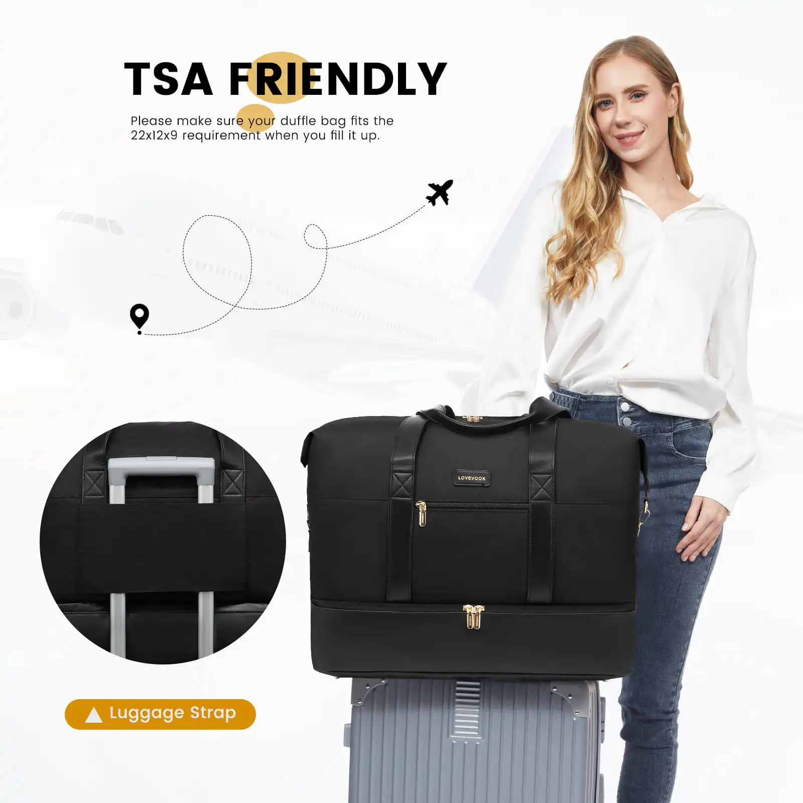 Σετ Σακ βουαγιαζ ταξιδιού γυναικείο με νεσεσέρ και τσάντα χειρός 56 L Lovevook UB2098 black