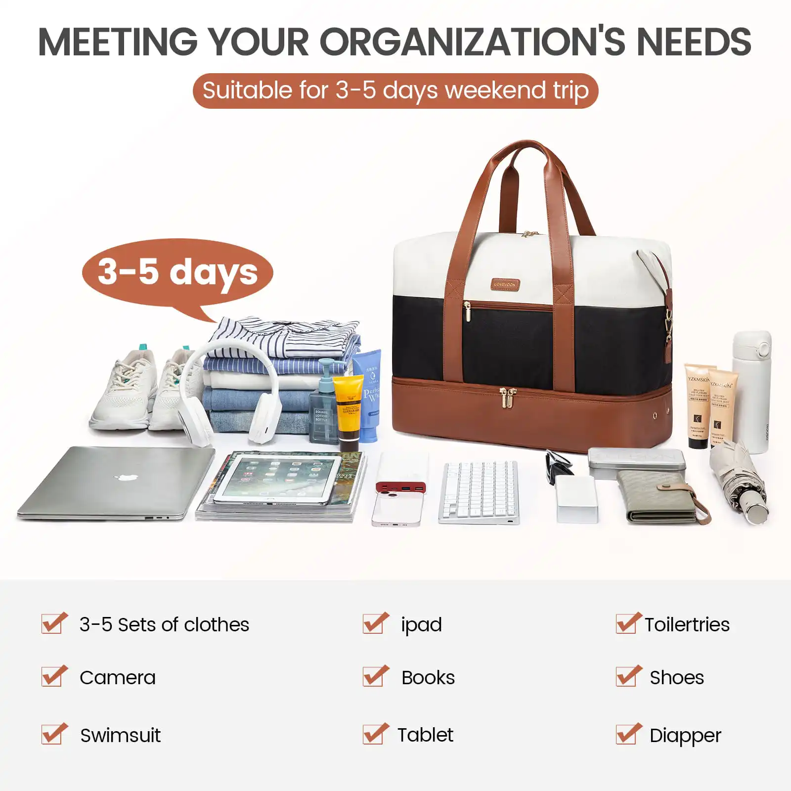 Σετ Σακ βουαγιαζ ταξιδιού γυναικείο με νεσεσέρ και τσάντα χειρός 56 L Lovevook UB2098 beige/black/brown