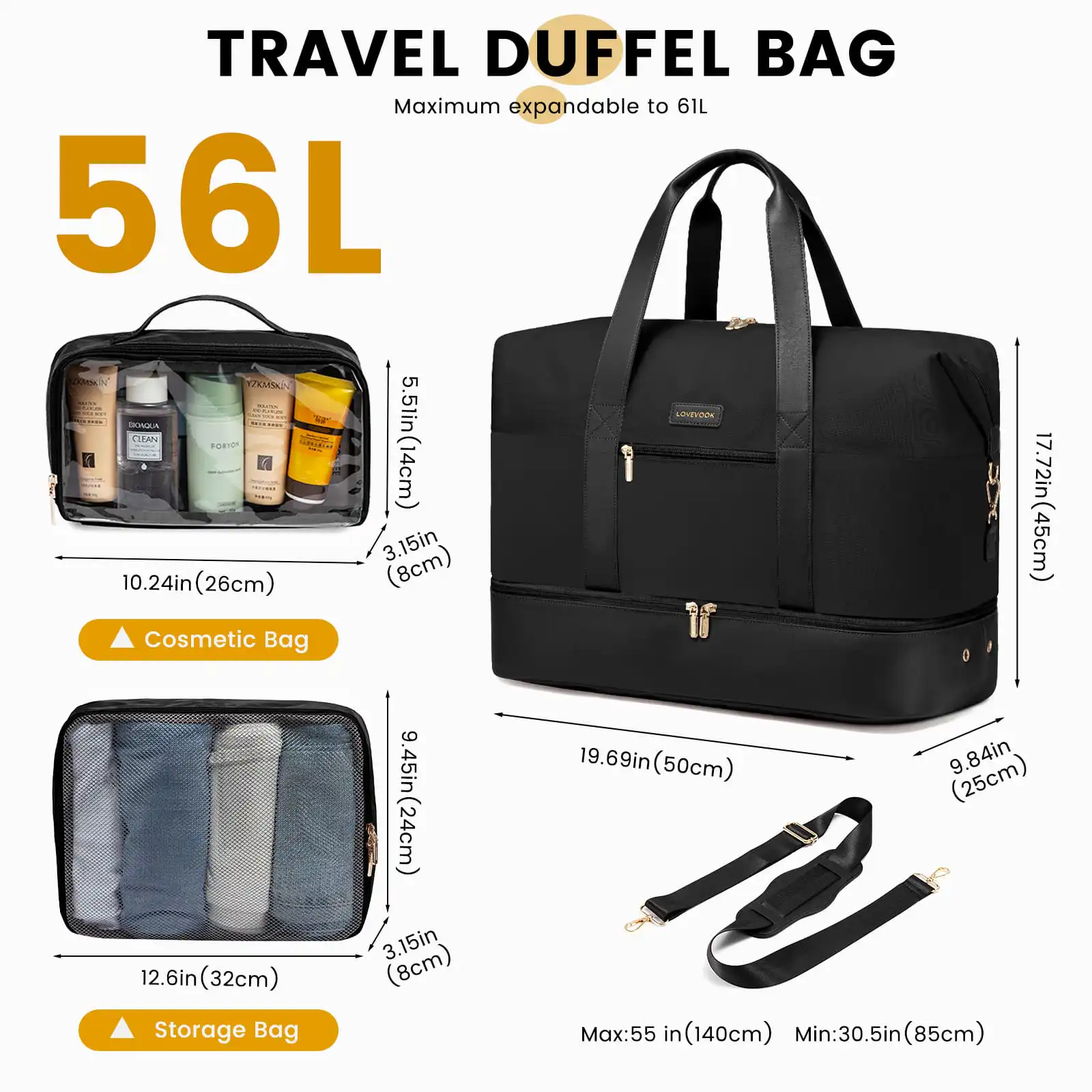 Σετ Σακ βουαγιαζ ταξιδιού γυναικείο με νεσεσέρ και τσάντα χειρός 56 L Lovevook UB2098 black
