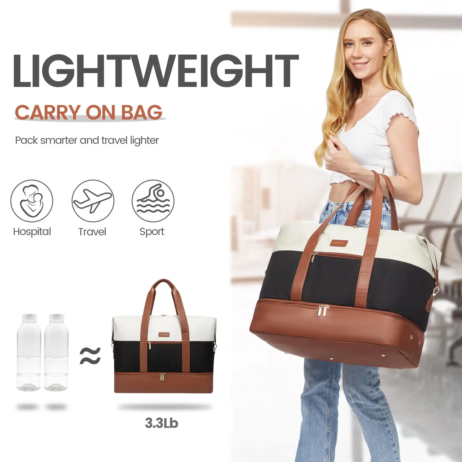 Σετ Σακ βουαγιαζ ταξιδιού γυναικείο με νεσεσέρ και τσάντα χειρός 56 L Lovevook UB2098 beige/black/brown