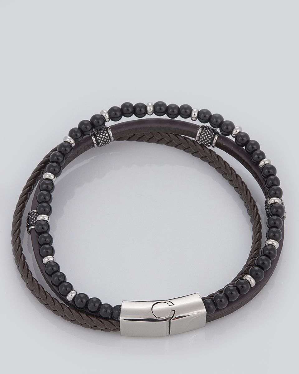 Sequoia Aνδρικό Βραχιόλι τριπλή χειροπέδα από ανοξείδωτο ατσάλι με δέρμα καφέ SE-038-BR