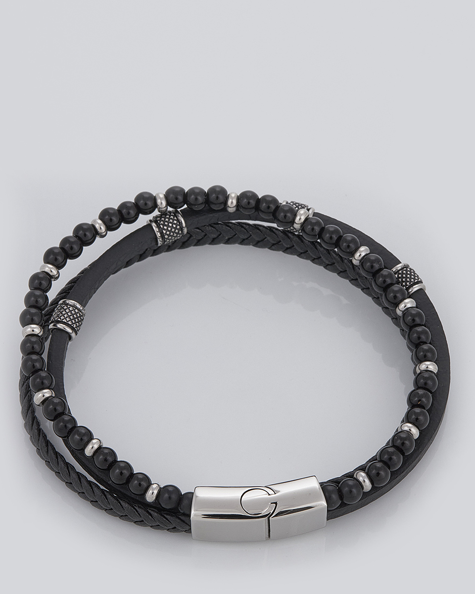 Sequoia Aνδρικό Βραχιόλι τριπλή χειροπέδα από ανοξείδωτο ατσάλι με δέρμα μαύρο SE-038-BK Sequoia Aνδρικό Βραχιόλι τριπλή χειροπέδα από ανοξείδωτο ατσάλι με δέρμα μαύρο SE-038-BK