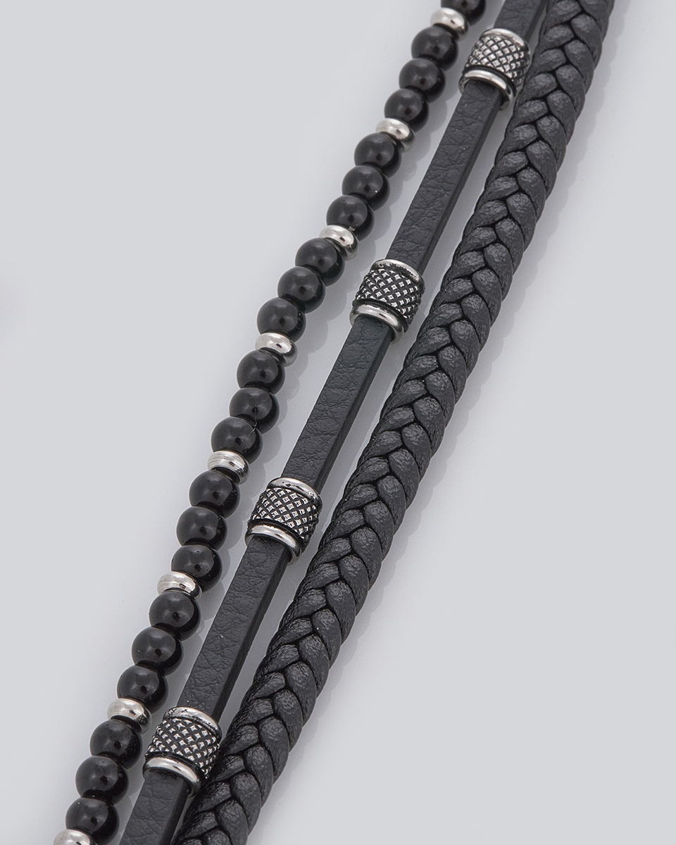 Sequoia Aνδρικό Βραχιόλι τριπλή χειροπέδα από ανοξείδωτο ατσάλι με δέρμα μαύρο SE-038-BK