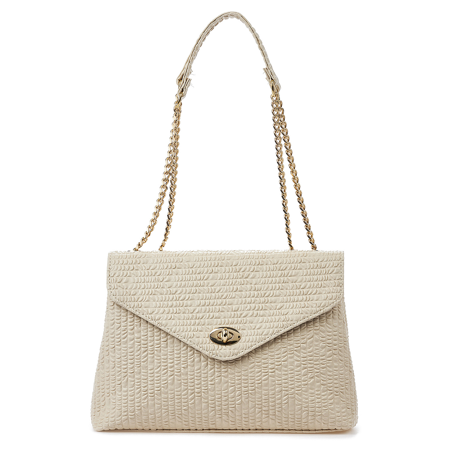 Sequoia Γυναικεία Τσάντα Ώμου με Ανάγλυφο Μοτίβο και Χρυσή Αλυσίδα V-141BU Μπεζ