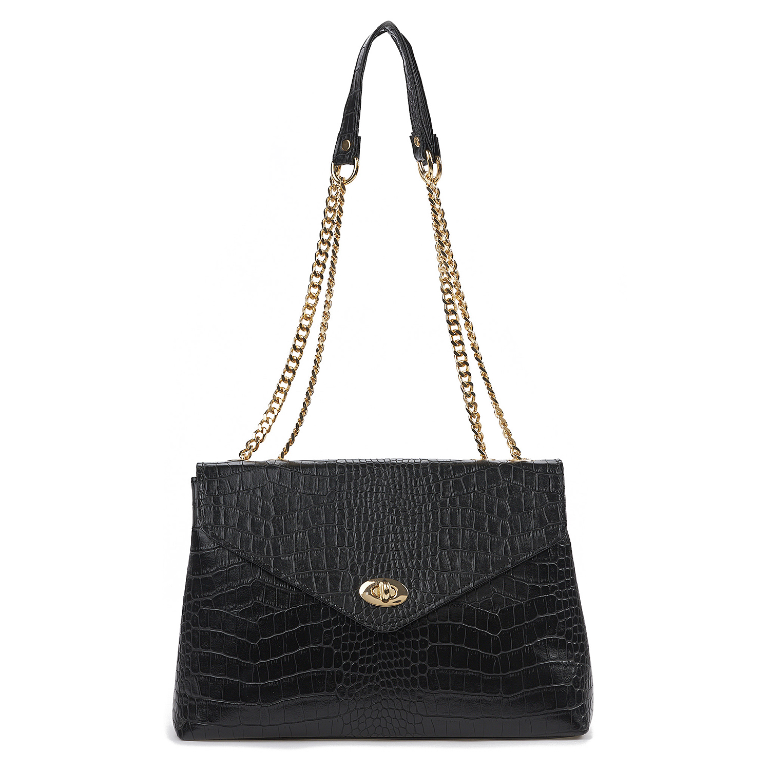 Sequoia Γυναικεία Τσάντα Ώμου με Ανάγλυφο Μοτίβο Κροκό και Χρυσή Αλυσίδα V-141CR Μαύρο