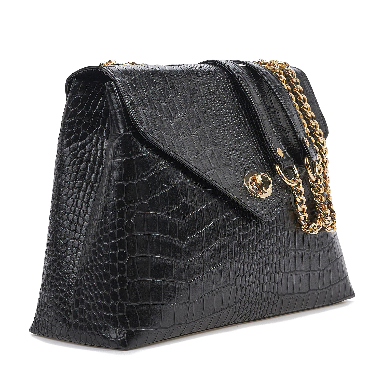Sequoia Γυναικεία Τσάντα Ώμου με Ανάγλυφο Μοτίβο Κροκό και Χρυσή Αλυσίδα V-141CR Μαύρο
