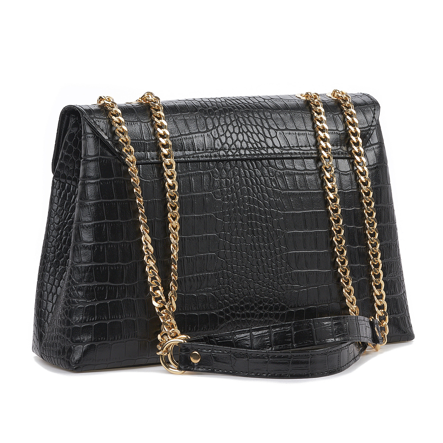 Sequoia Γυναικεία Τσάντα Ώμου με Ανάγλυφο Μοτίβο Κροκό και Χρυσή Αλυσίδα V-141CR Μαύρο