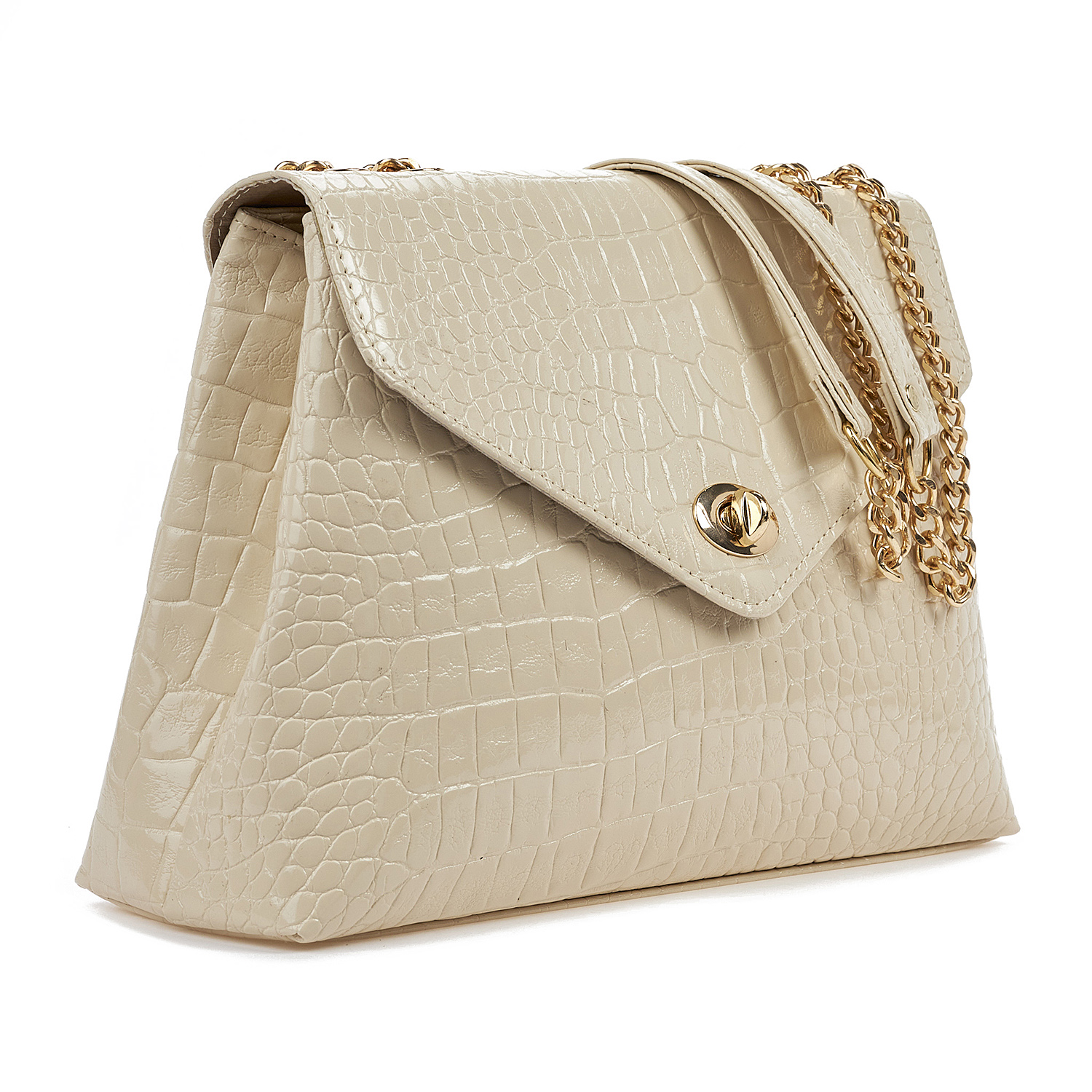 Sequoia Γυναικεία Τσάντα Ώμου με Ανάγλυφο Μοτίβο Κροκό και Χρυσή Αλυσίδα V-141CR Μπεζ