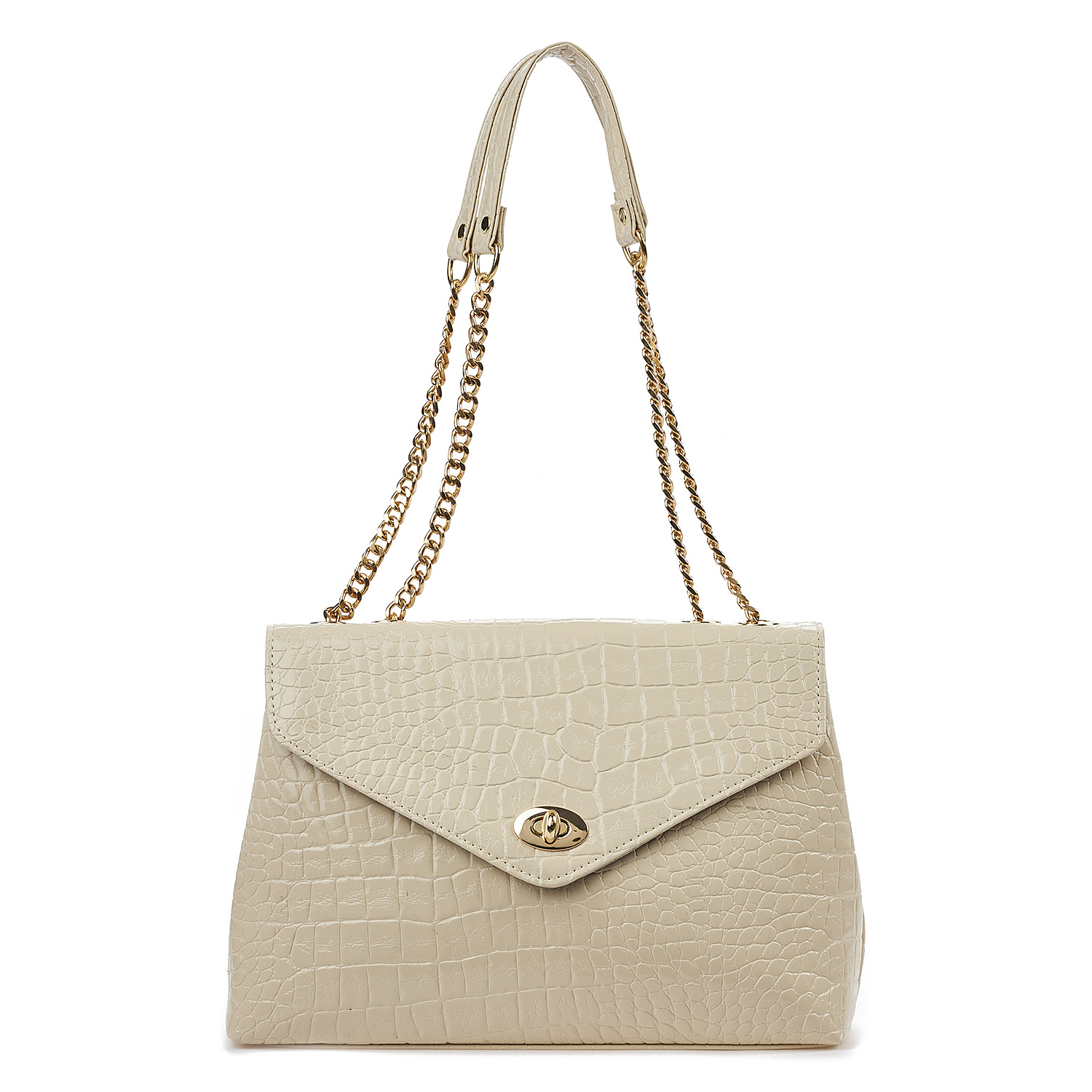 Sequoia Γυναικεία Τσάντα Ώμου με Ανάγλυφο Μοτίβο Κροκό και Χρυσή Αλυσίδα V-141CR Μπεζ