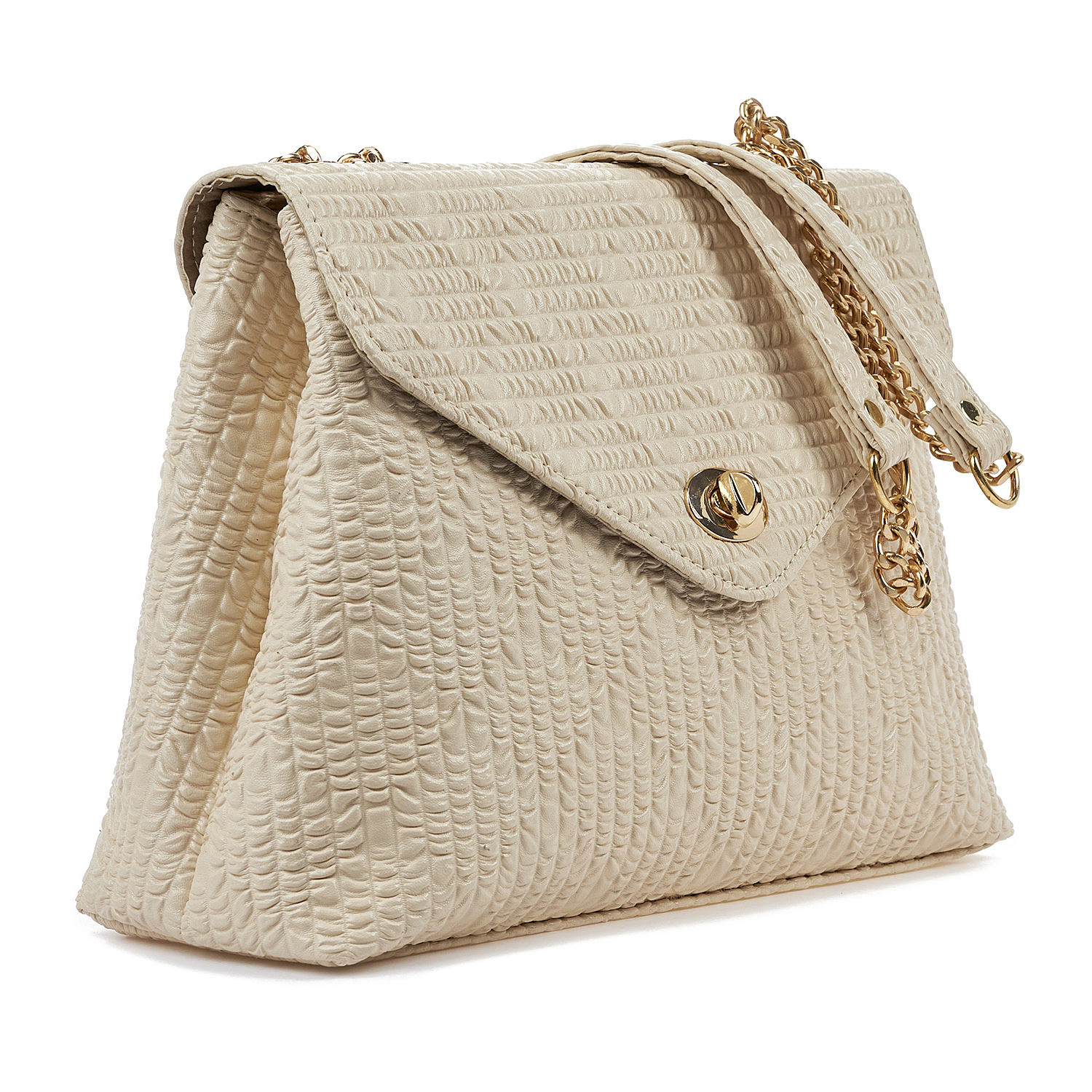 Sequoia Γυναικεία Τσάντα Ώμου με Ανάγλυφο Μοτίβο και Χρυσή Αλυσίδα V-141BU Μπεζ