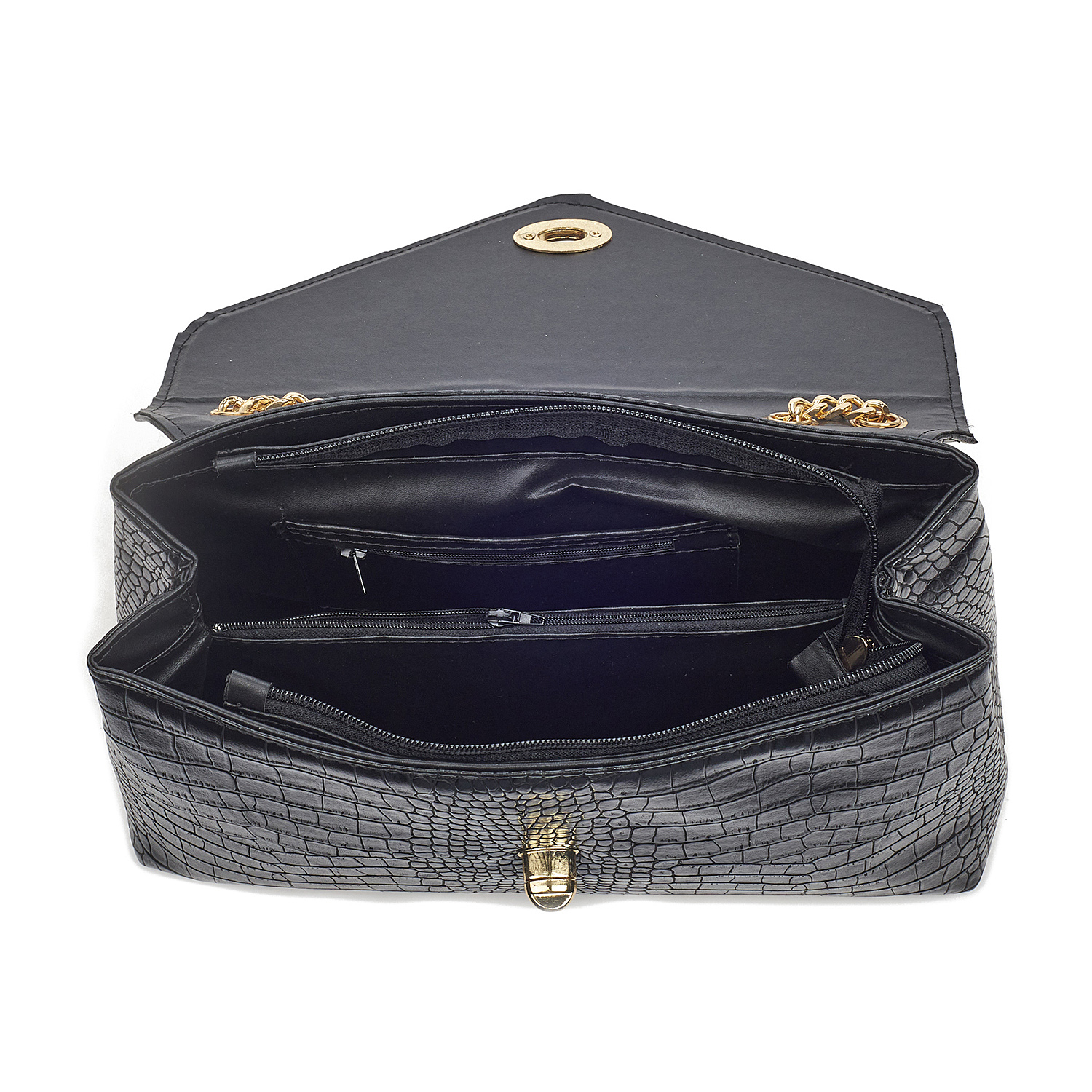 Sequoia Γυναικεία Τσάντα Ώμου με Ανάγλυφο Μοτίβο Κροκό και Χρυσή Αλυσίδα V-141CR Μαύρο