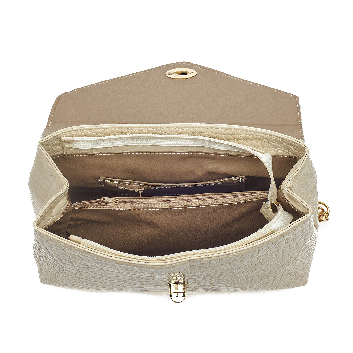 Sequoia Γυναικεία Τσάντα Ώμου με Ανάγλυφο Μοτίβο Κροκό και Χρυσή Αλυσίδα V-141CR Μπεζ