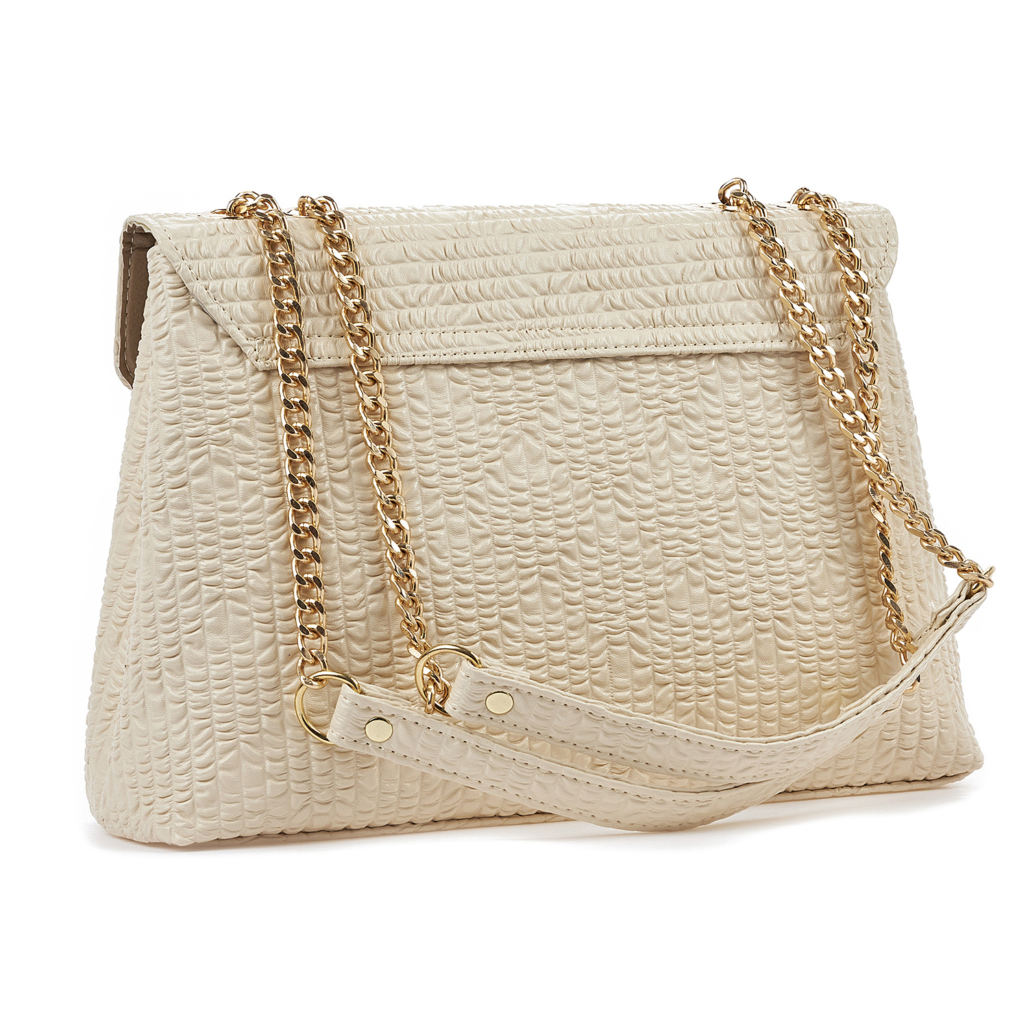 Sequoia Γυναικεία Τσάντα Ώμου με Ανάγλυφο Μοτίβο και Χρυσή Αλυσίδα V-141BU Μπεζ