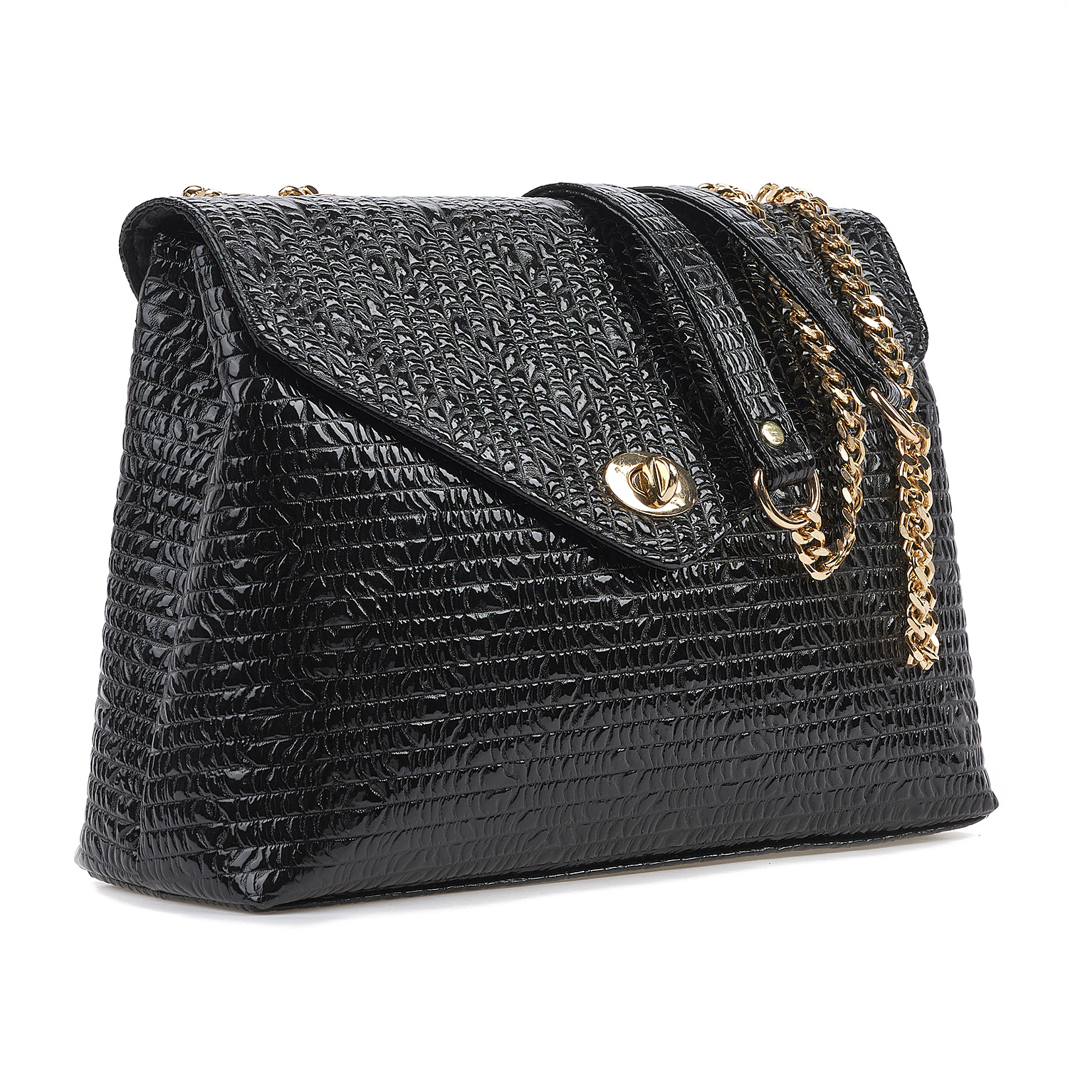 Sequoia Γυναικεία Τσάντα Ώμου με Ανάγλυφο Μοτίβο και Χρυσή Αλυσίδα V-141BU Μαύρο