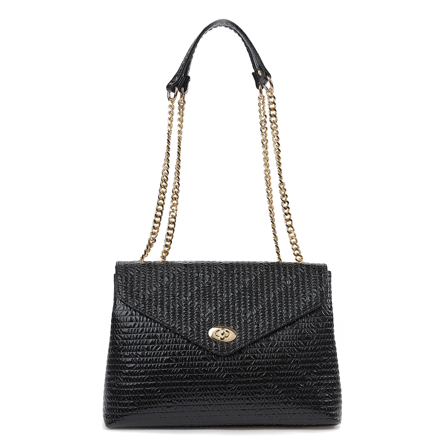 Sequoia Γυναικεία Τσάντα Ώμου με Ανάγλυφο Μοτίβο και Χρυσή Αλυσίδα V-141BU Μαύρο