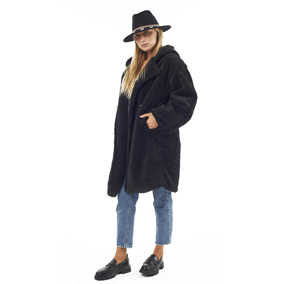 Verde Γυναικείο Γούνινο Παλτό 33-0701 Μαύρο