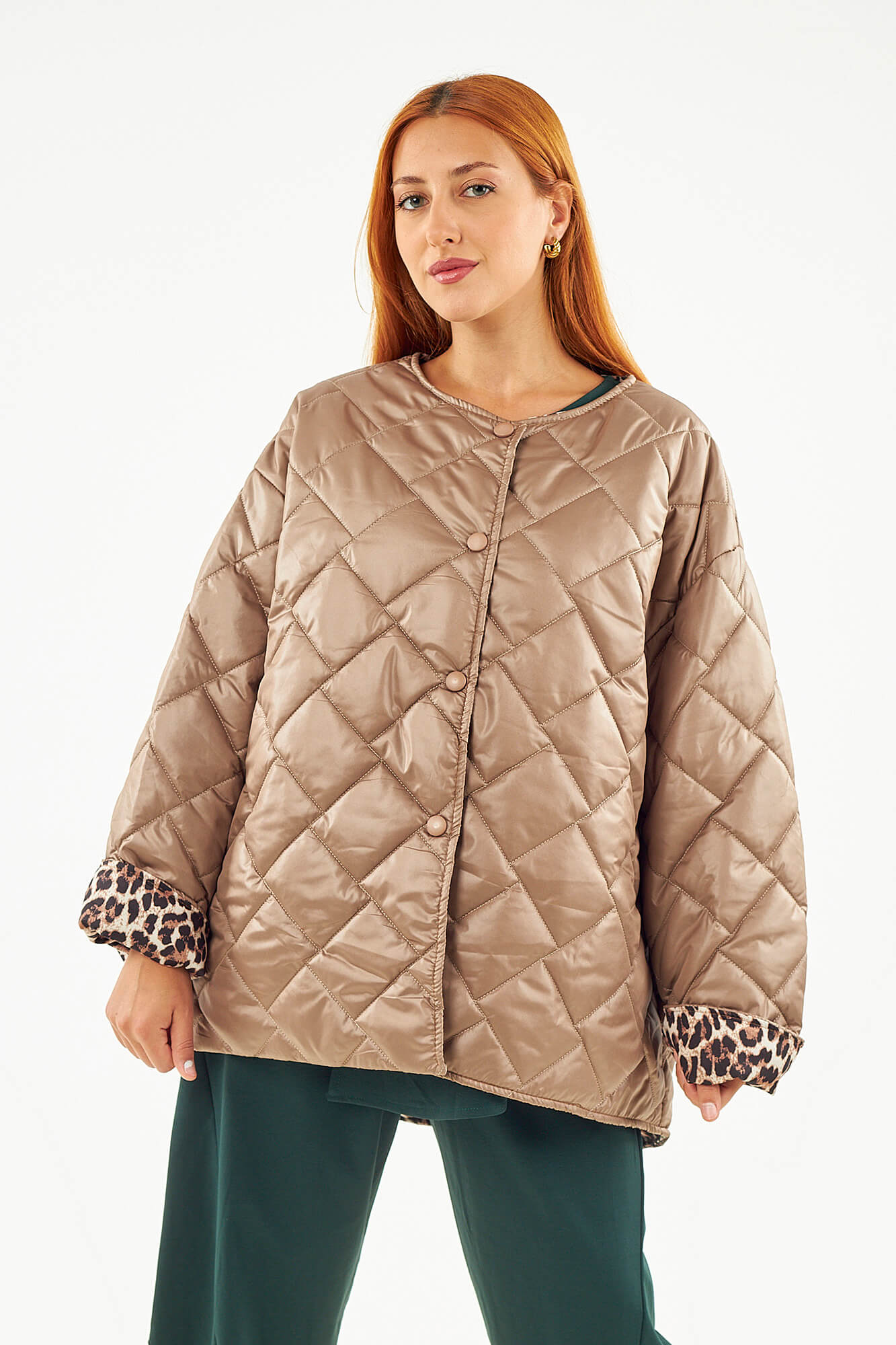 Sequoia Μοντέρνο Γυναικείο Oversize Μπουφάν με Καπιτονέ Σχέδιο και Επένδυση με Λεοπάρ JA-9793 Πούρου