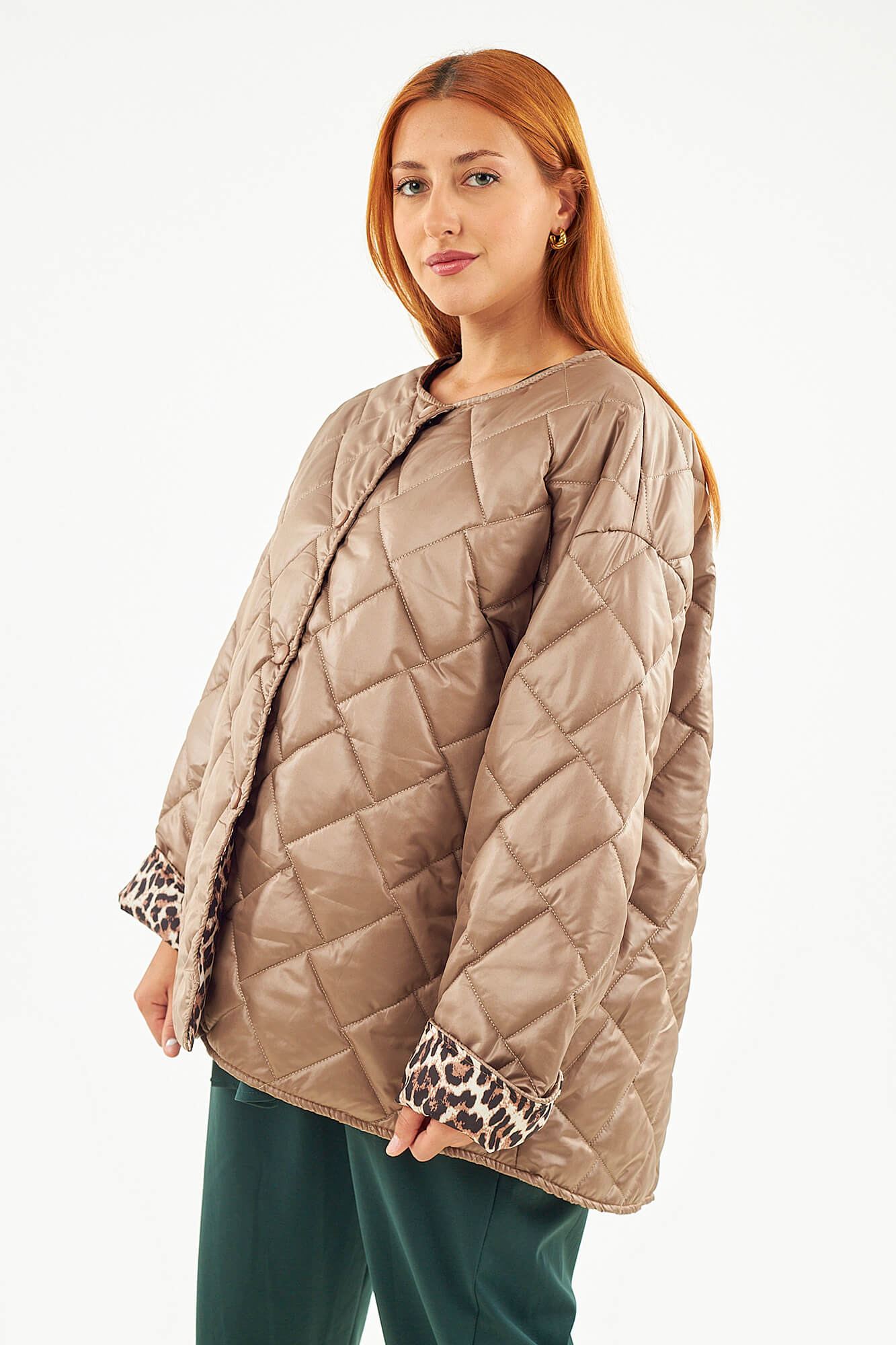 Sequoia Μοντέρνο Γυναικείο Oversize Μπουφάν με Καπιτονέ Σχέδιο και Επένδυση με Λεοπάρ JA-9793 Πούρου