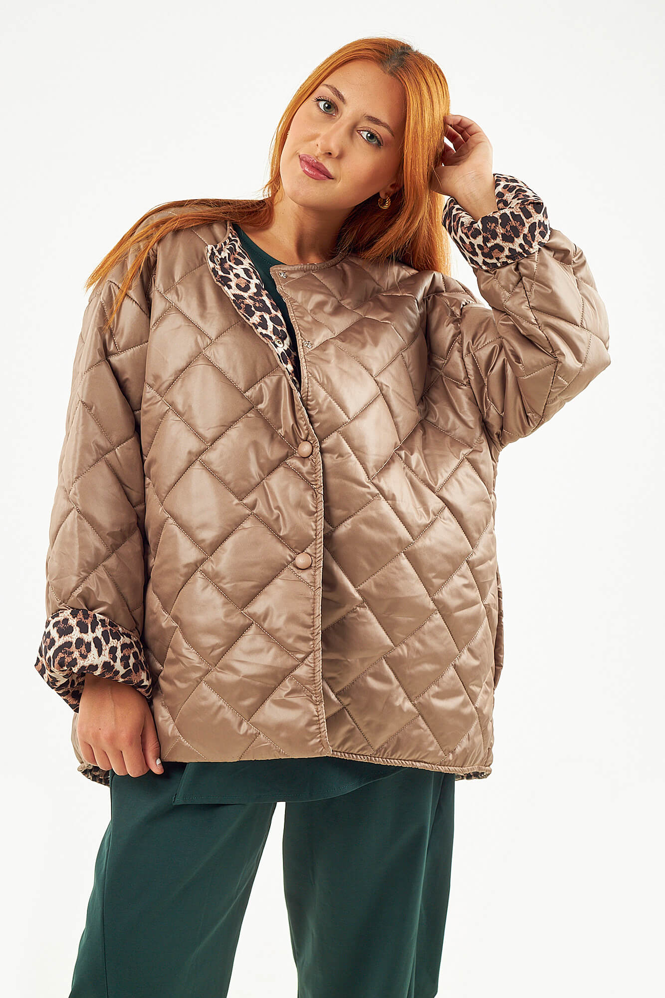 Sequoia Μοντέρνο Γυναικείο Oversize Μπουφάν με Καπιτονέ Σχέδιο και Επένδυση με Λεοπάρ JA-9793 Πούρου