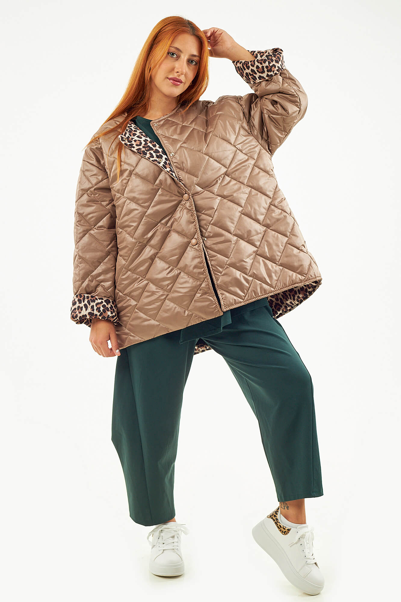 Sequoia Μοντέρνο Γυναικείο Oversize Μπουφάν με Καπιτονέ Σχέδιο και Επένδυση με Λεοπάρ JA-9793 Πούρου