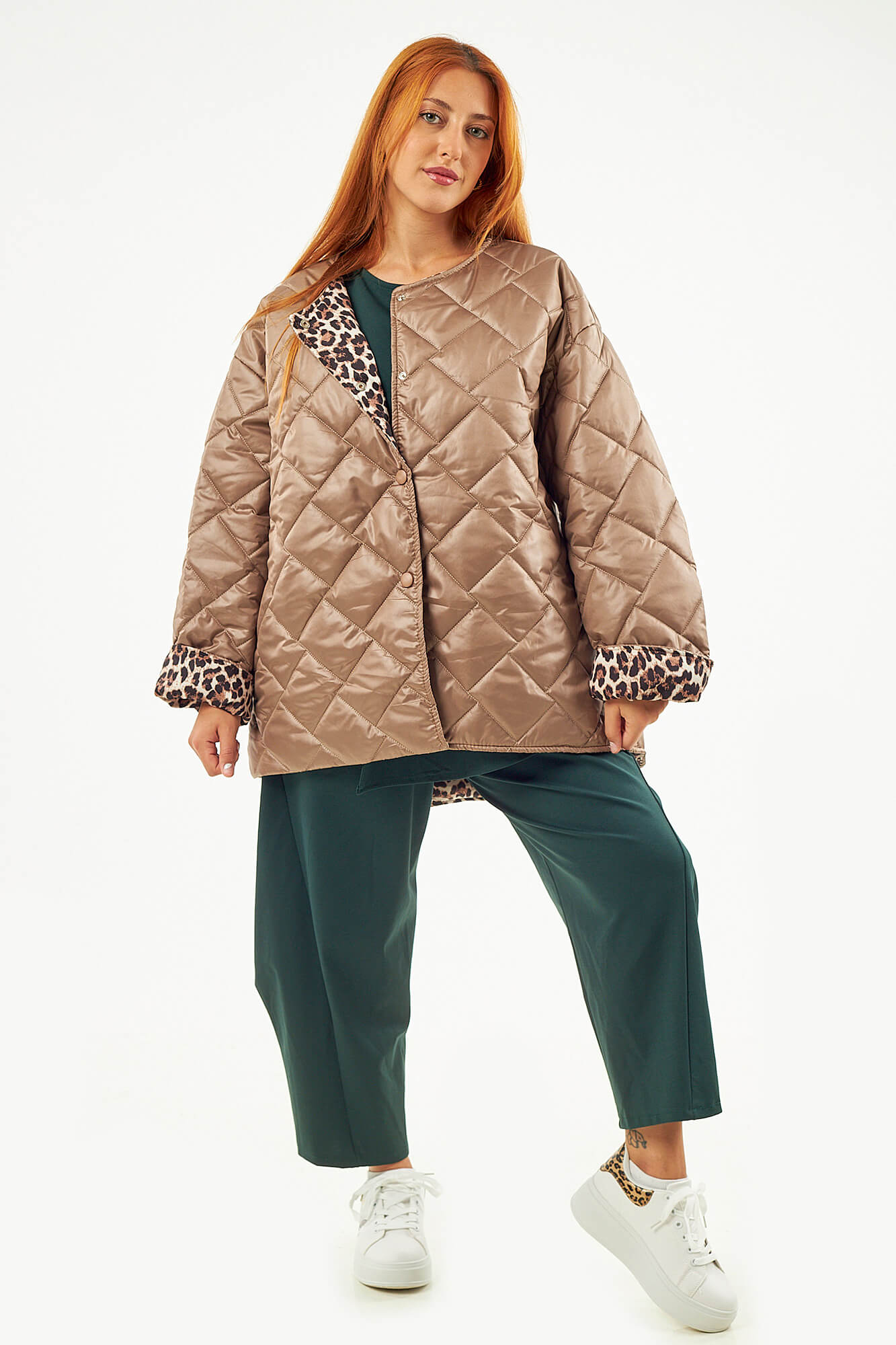 Sequoia Μοντέρνο Γυναικείο Oversize Μπουφάν με Καπιτονέ Σχέδιο και Επένδυση με Λεοπάρ JA-9793 Πούρου