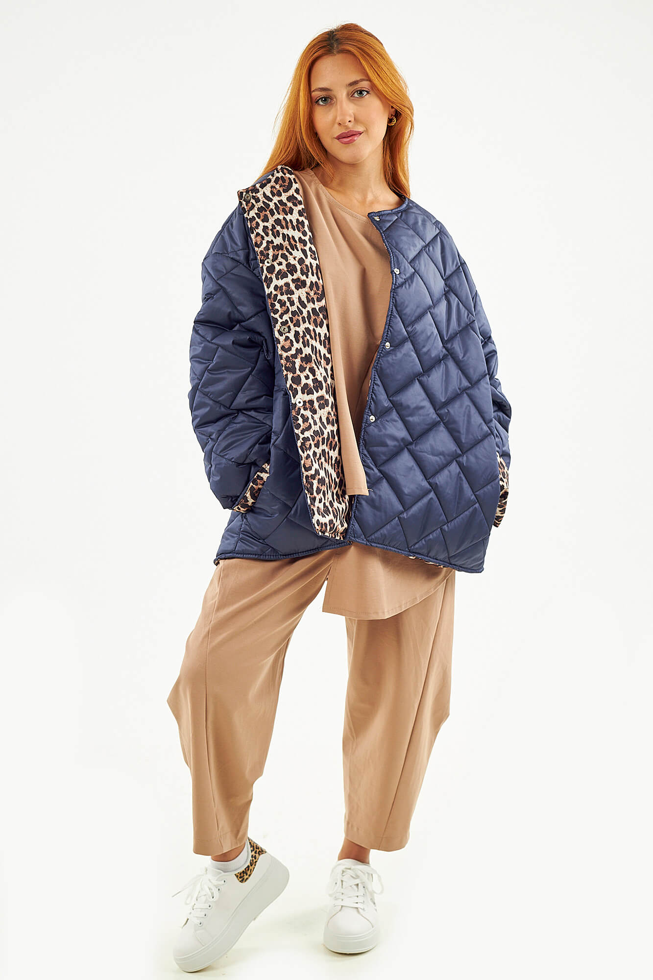 Sequoia Μοντέρνο Γυναικείο Oversize Μπουφάν με Καπιτονέ Σχέδιο και Επένδυση με Λεοπάρ JA-9793 Μπλε