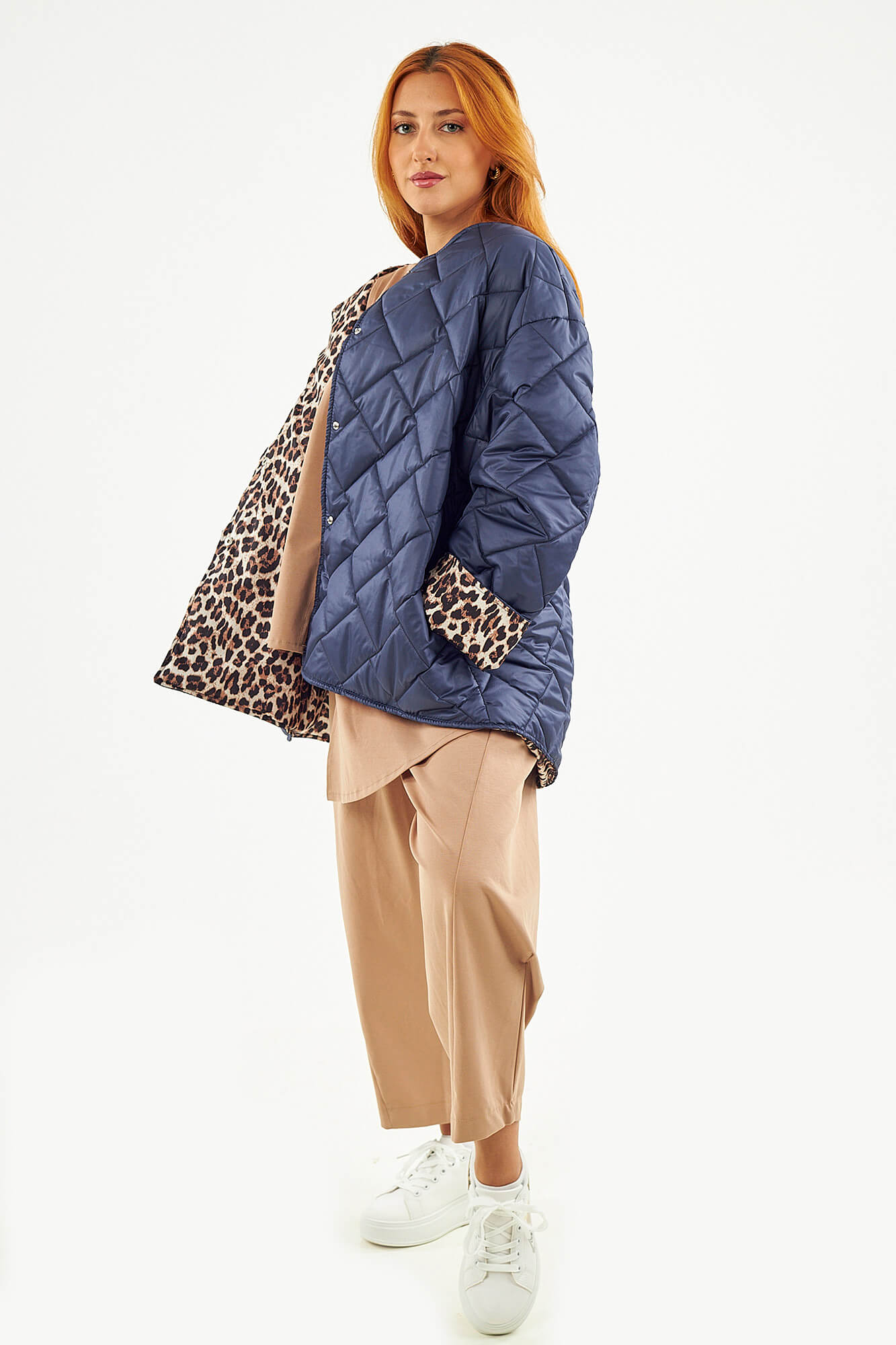 Sequoia Μοντέρνο Γυναικείο Oversize Μπουφάν με Καπιτονέ Σχέδιο και Επένδυση με Λεοπάρ JA-9793 Μπλε