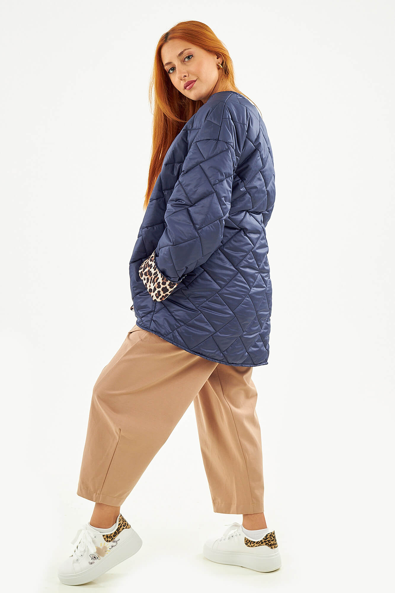 Sequoia Μοντέρνο Γυναικείο Oversize Μπουφάν με Καπιτονέ Σχέδιο και Επένδυση με Λεοπάρ JA-9793 Μπλε