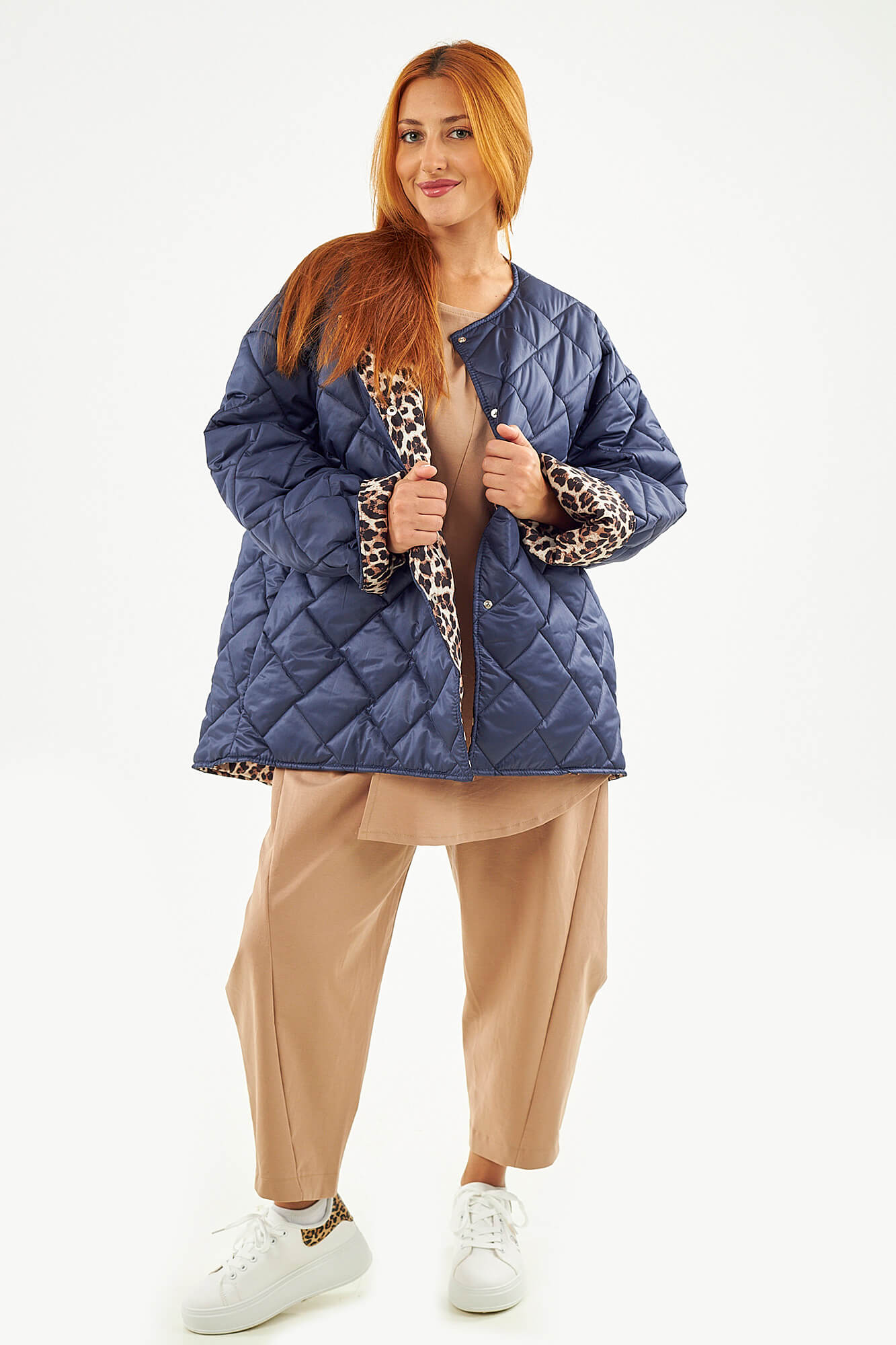 Sequoia Μοντέρνο Γυναικείο Oversize Μπουφάν με Καπιτονέ Σχέδιο και Επένδυση με Λεοπάρ JA-9793 Μπλε