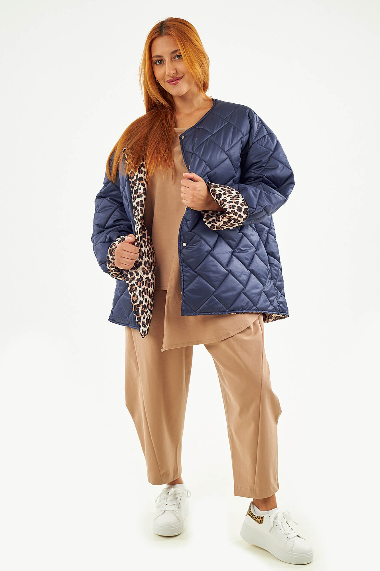 Sequoia Μοντέρνο Γυναικείο Oversize Μπουφάν με Καπιτονέ Σχέδιο και Επένδυση με Λεοπάρ JA-9793 Μπλε