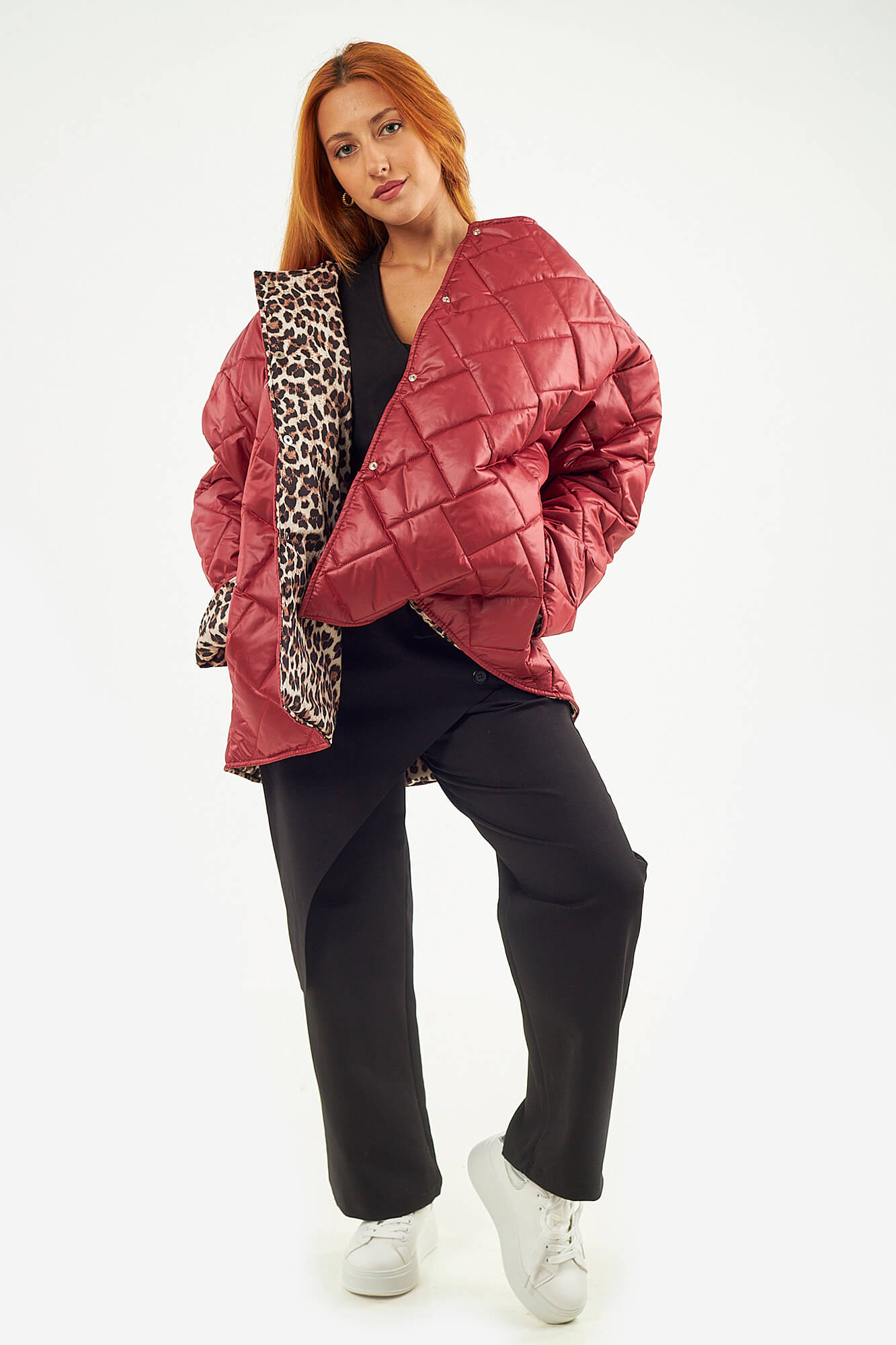 Sequoia Μοντέρνο Γυναικείο Oversize Μπουφάν με Καπιτονέ Σχέδιο και Επένδυση με Λεοπάρ JA-9793 Κόκκινο