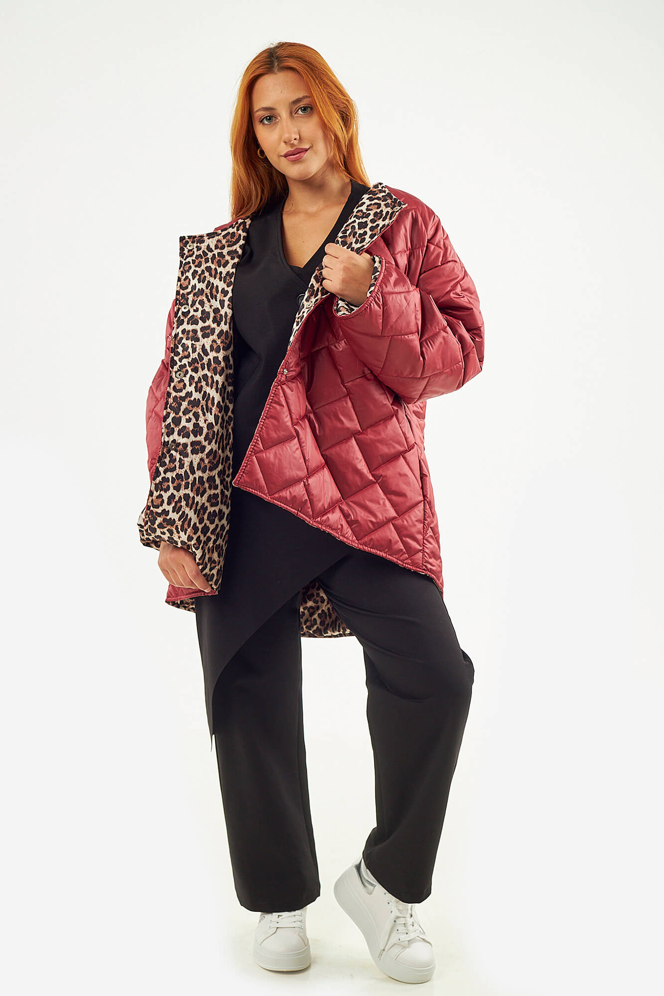 Sequoia Μοντέρνο Γυναικείο Oversize Μπουφάν με Καπιτονέ Σχέδιο και Επένδυση με Λεοπάρ JA-9793 Κόκκινο