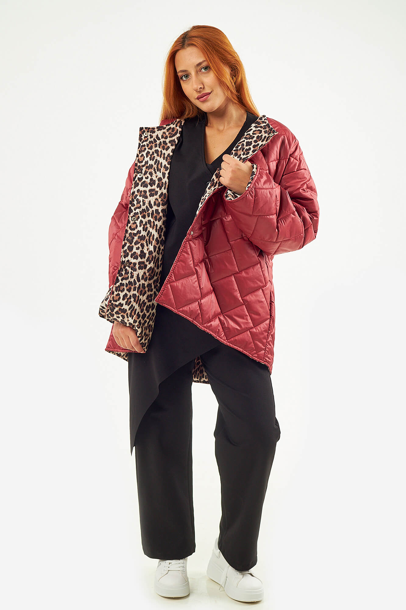 Sequoia Μοντέρνο Γυναικείο Oversize Μπουφάν με Καπιτονέ Σχέδιο και Επένδυση με Λεοπάρ JA-9793 Κόκκινο