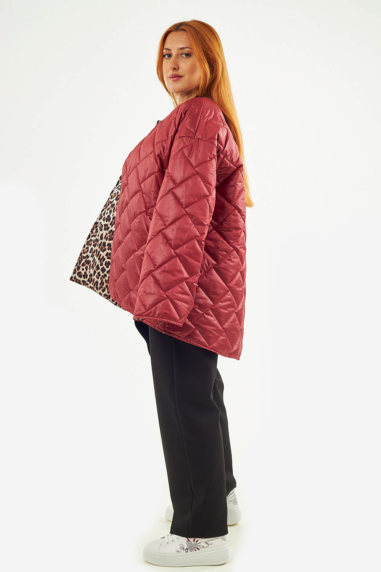 Sequoia Μοντέρνο Γυναικείο Oversize Μπουφάν με Καπιτονέ Σχέδιο και Επένδυση με Λεοπάρ JA-9793 Κόκκινο