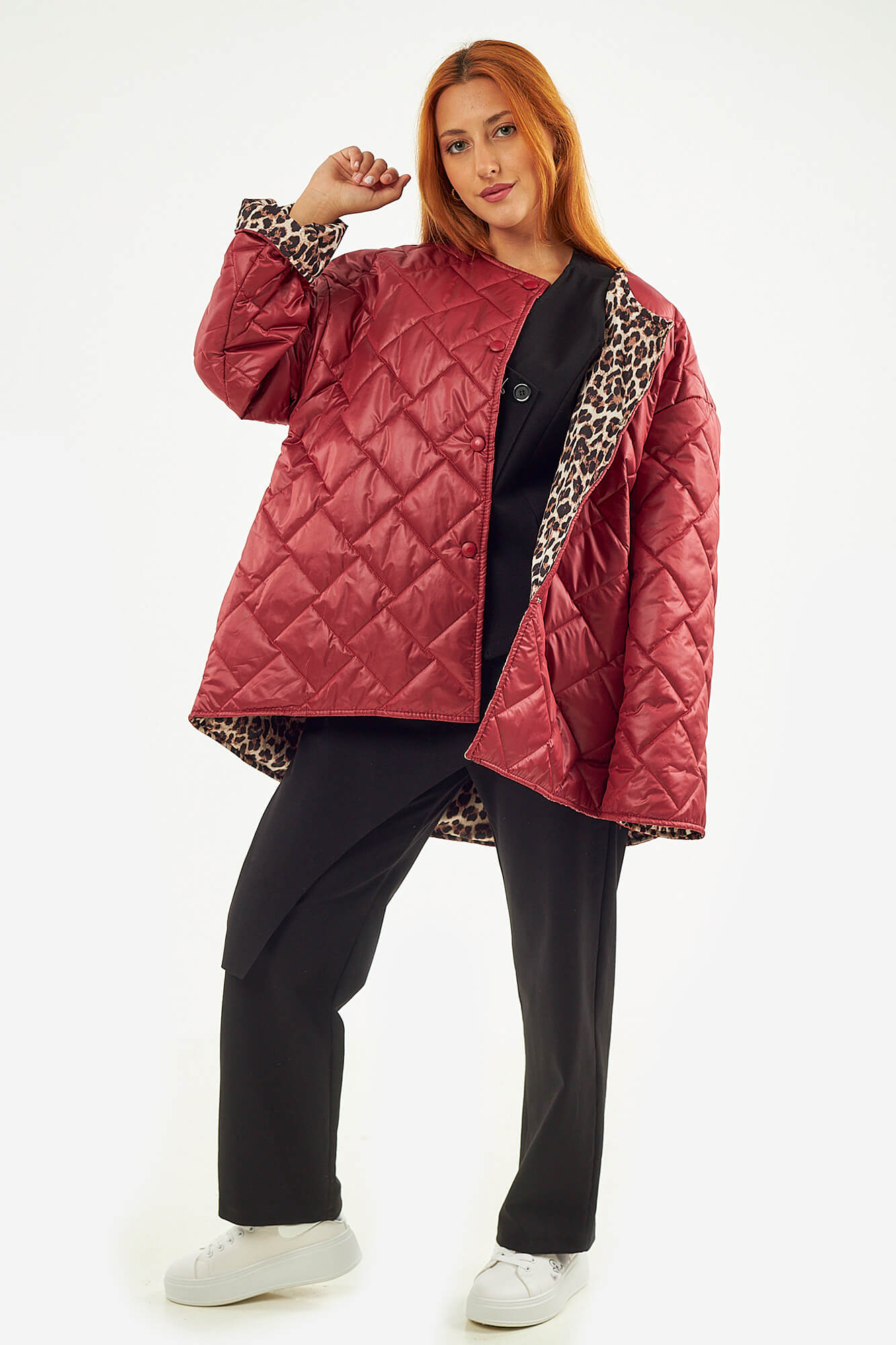 Sequoia Μοντέρνο Γυναικείο Oversize Μπουφάν με Καπιτονέ Σχέδιο και Επένδυση με Λεοπάρ JA-9793 Κόκκινο