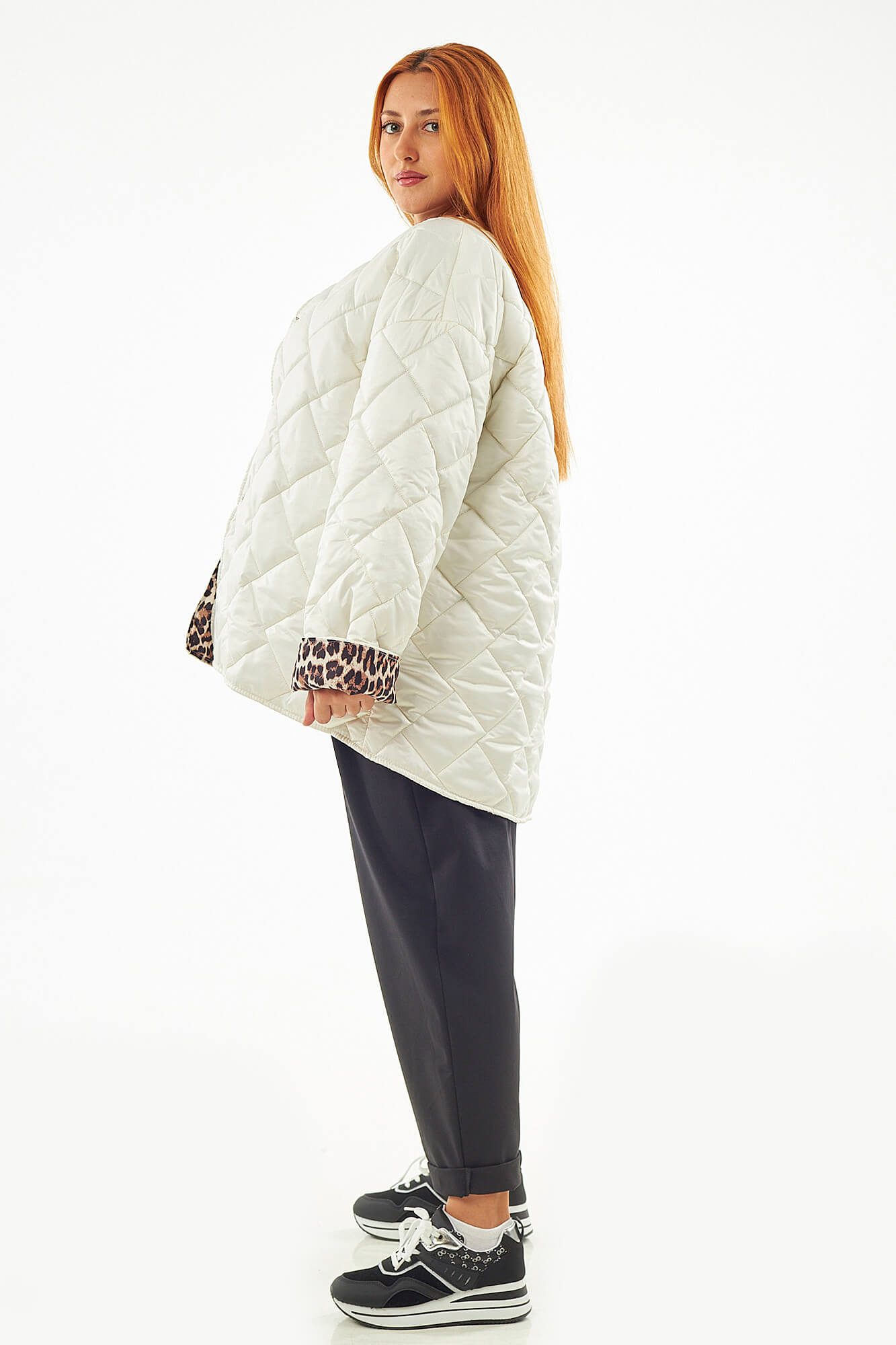 Sequoia Μοντέρνο Γυναικείο Oversize Μπουφάν με Καπιτονέ Σχέδιο και Επένδυση με Λεοπάρ JA-9793 Άσπρο
