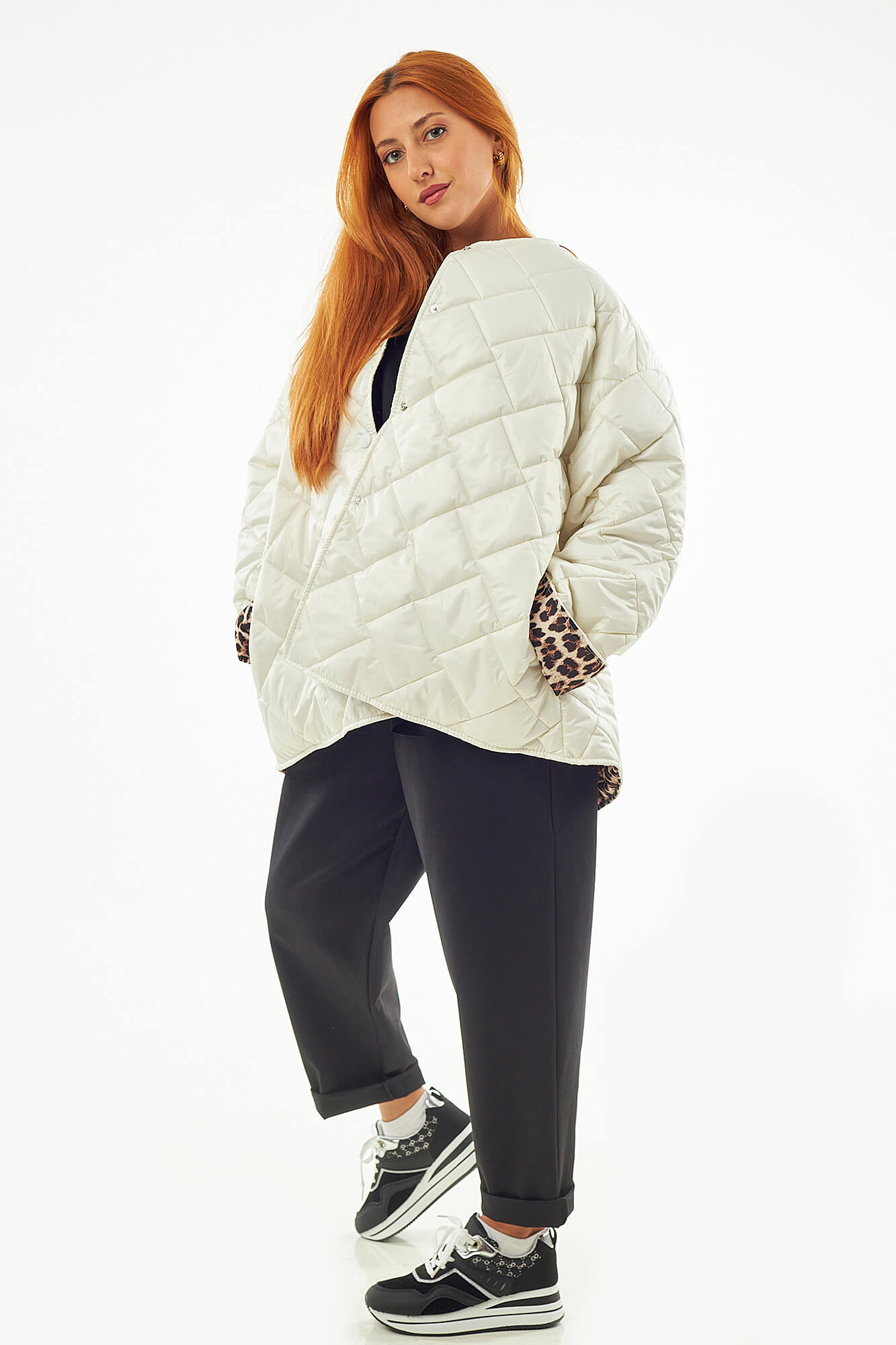 Sequoia Μοντέρνο Γυναικείο Oversize Μπουφάν με Καπιτονέ Σχέδιο και Επένδυση με Λεοπάρ JA-9793 Άσπρο