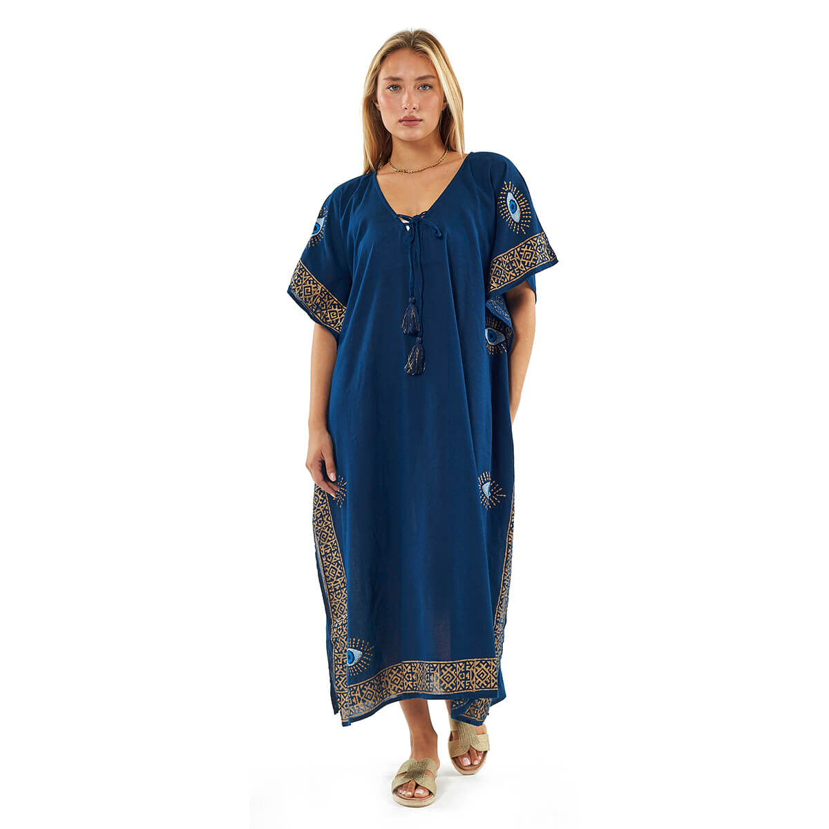 Verde Γυναικείο Καφτάνι 47-0121 Βαμβακερό Σκούρο Μπλε