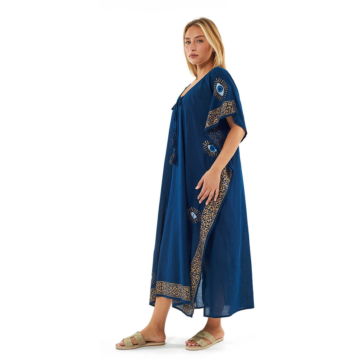 Verde Γυναικείο Καφτάνι 47-0121 Βαμβακερό Σκούρο Μπλε