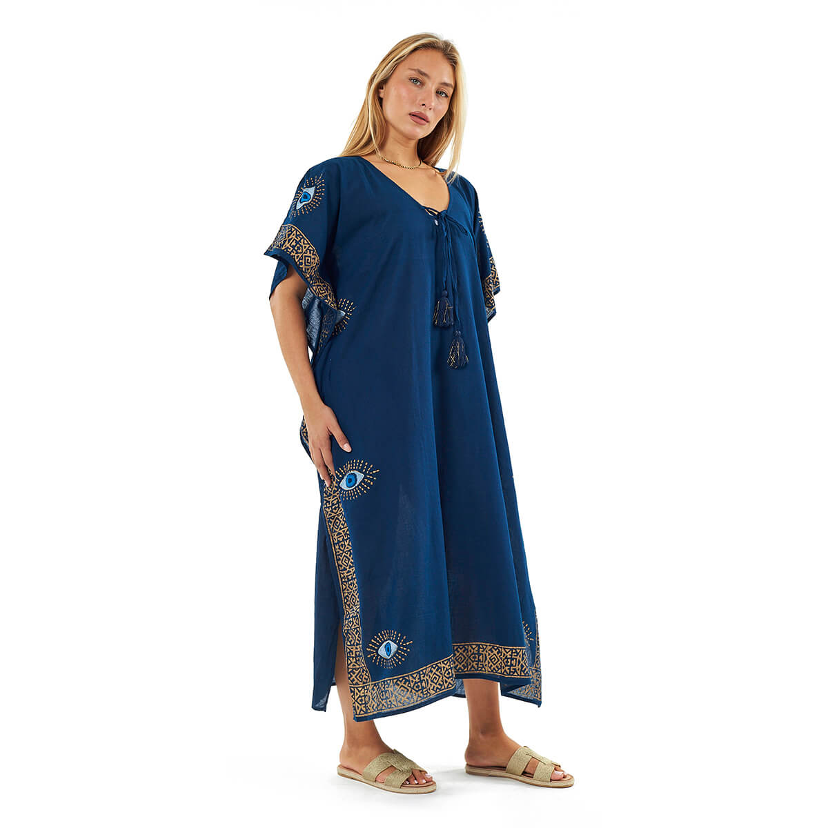 Verde Γυναικείο Καφτάνι 47-0121 Βαμβακερό Σκούρο Μπλε