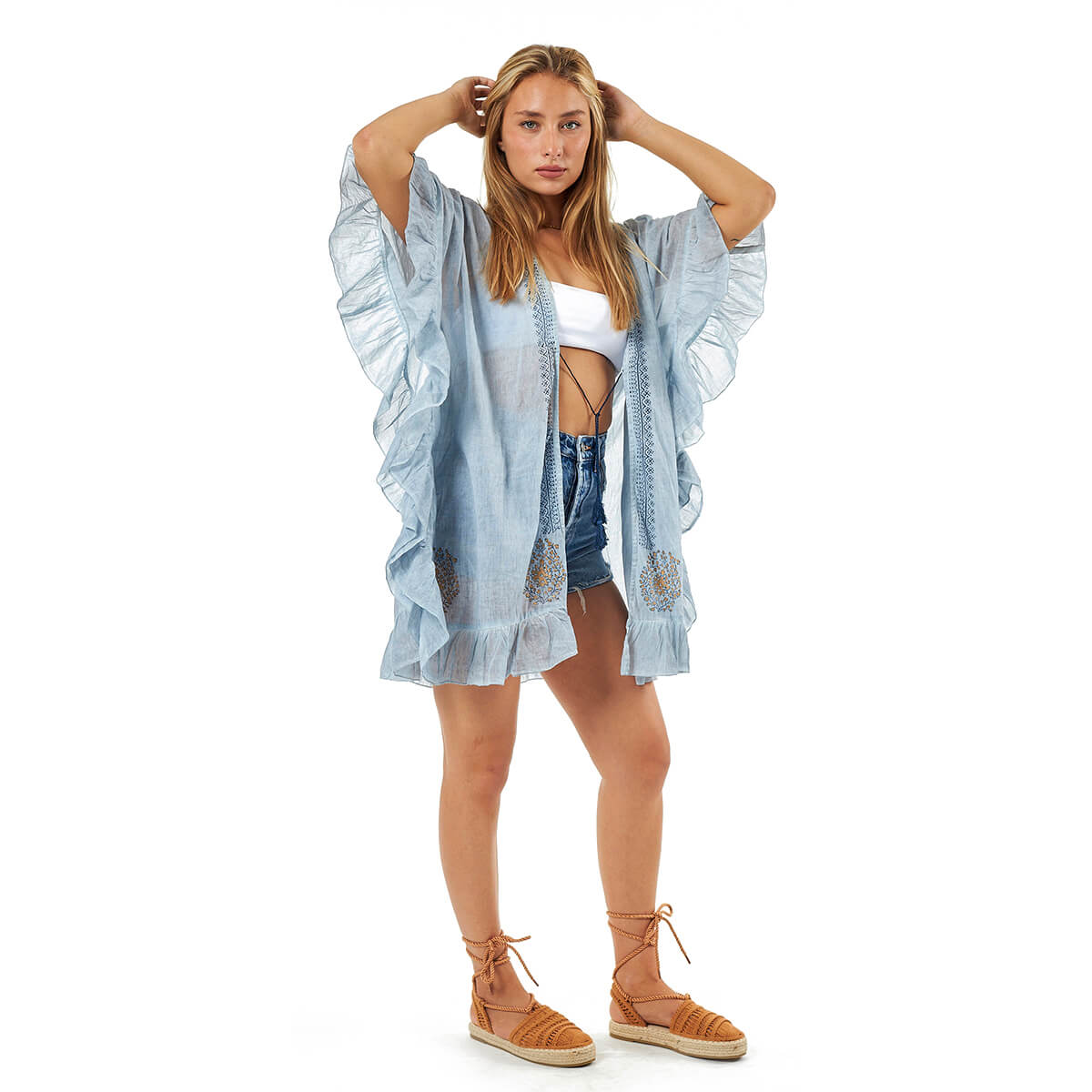 Verde Γυναικείο Καφτάνι 47-0097 Βαμβακερό Μπλε Verde Γυναικείο Καφτάνι 47-0097 Βαμβακερό Μπλε