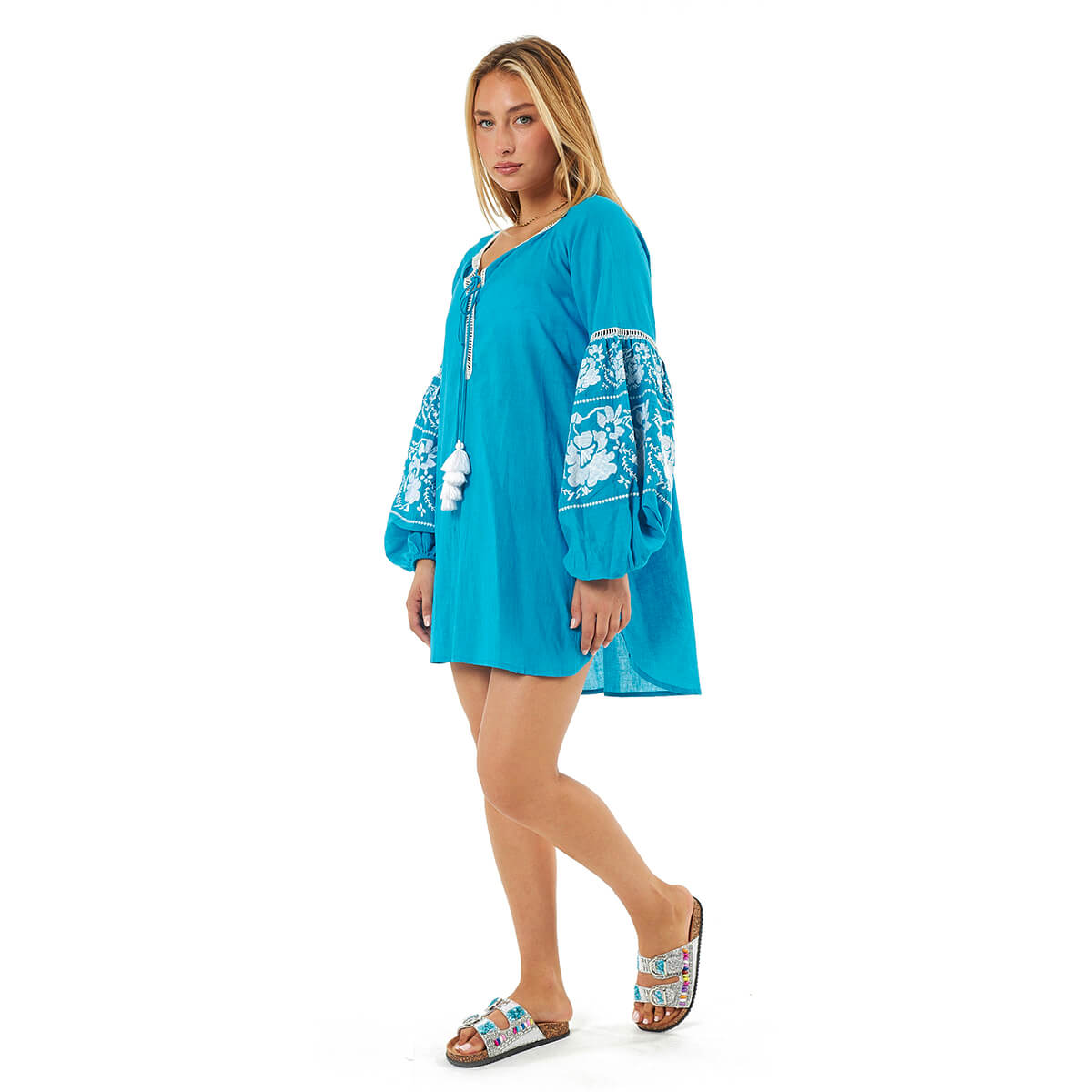 Verde Γυναικείο Καφτάνι 47-0098 Βαμβακερό Μπλε Verde Γυναικείο Καφτάνι 47-0098 Βαμβακερό Μπλε